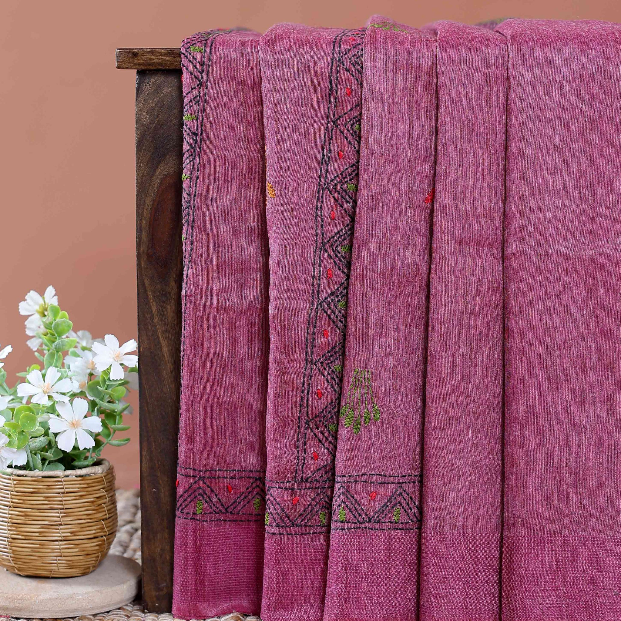 Eleagnt Kantha Work Saree with Floral and Geometric Motifs - Dark Pink