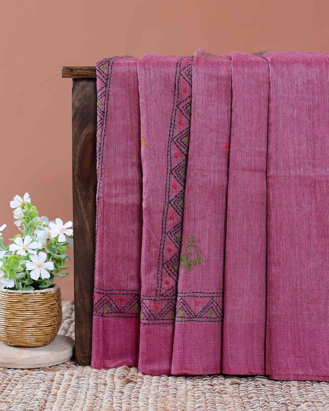 Eleagnt Kantha Work Saree with Floral and Geometric Motifs - Dark Pink