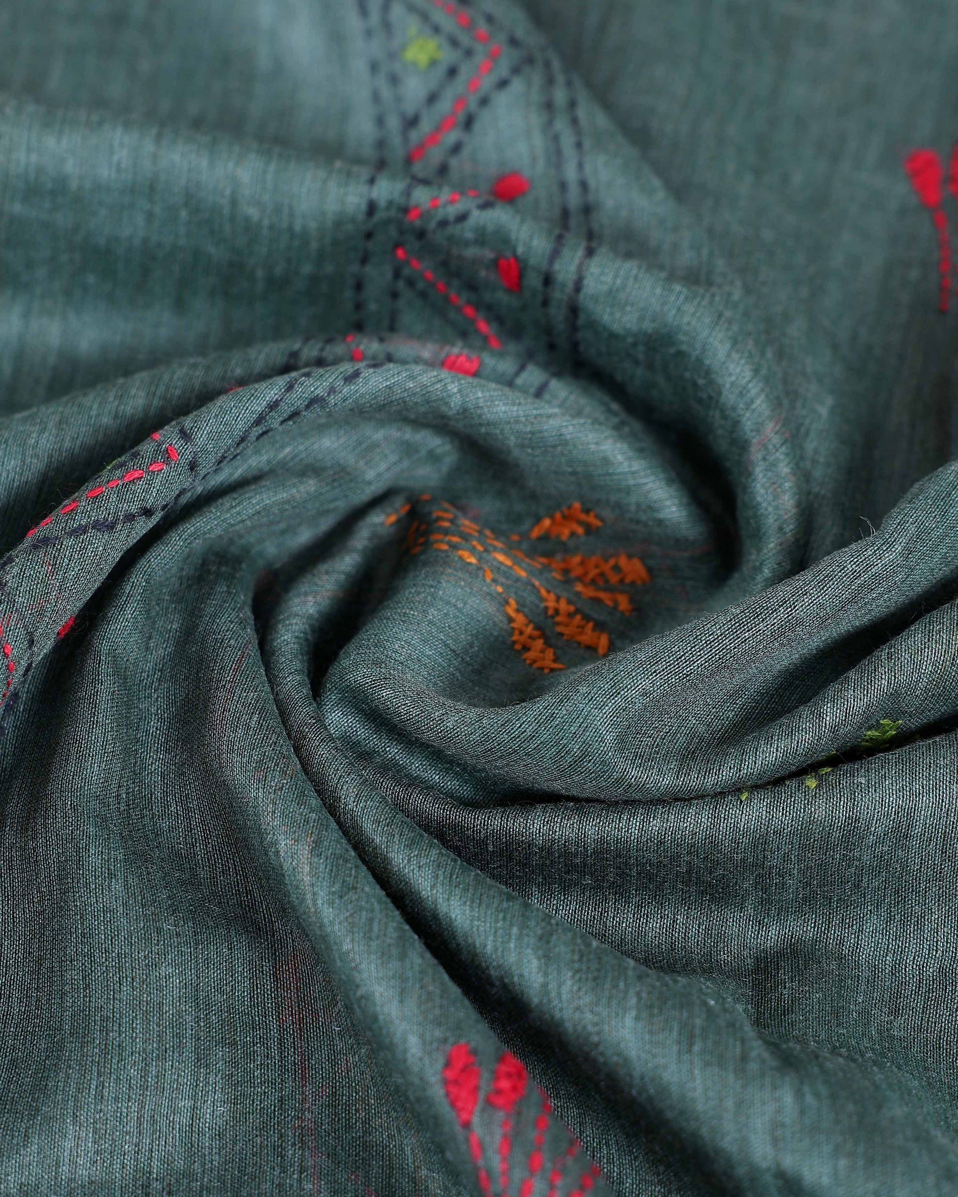 Eleagnt Kantha Work Saree with Floral and Geometric Motifs - Green