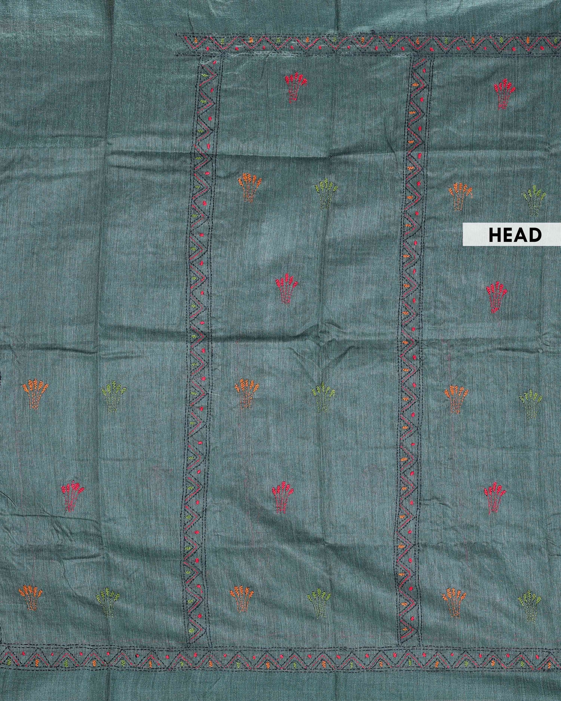 Eleagnt Kantha Work Saree with Floral and Geometric Motifs - Green