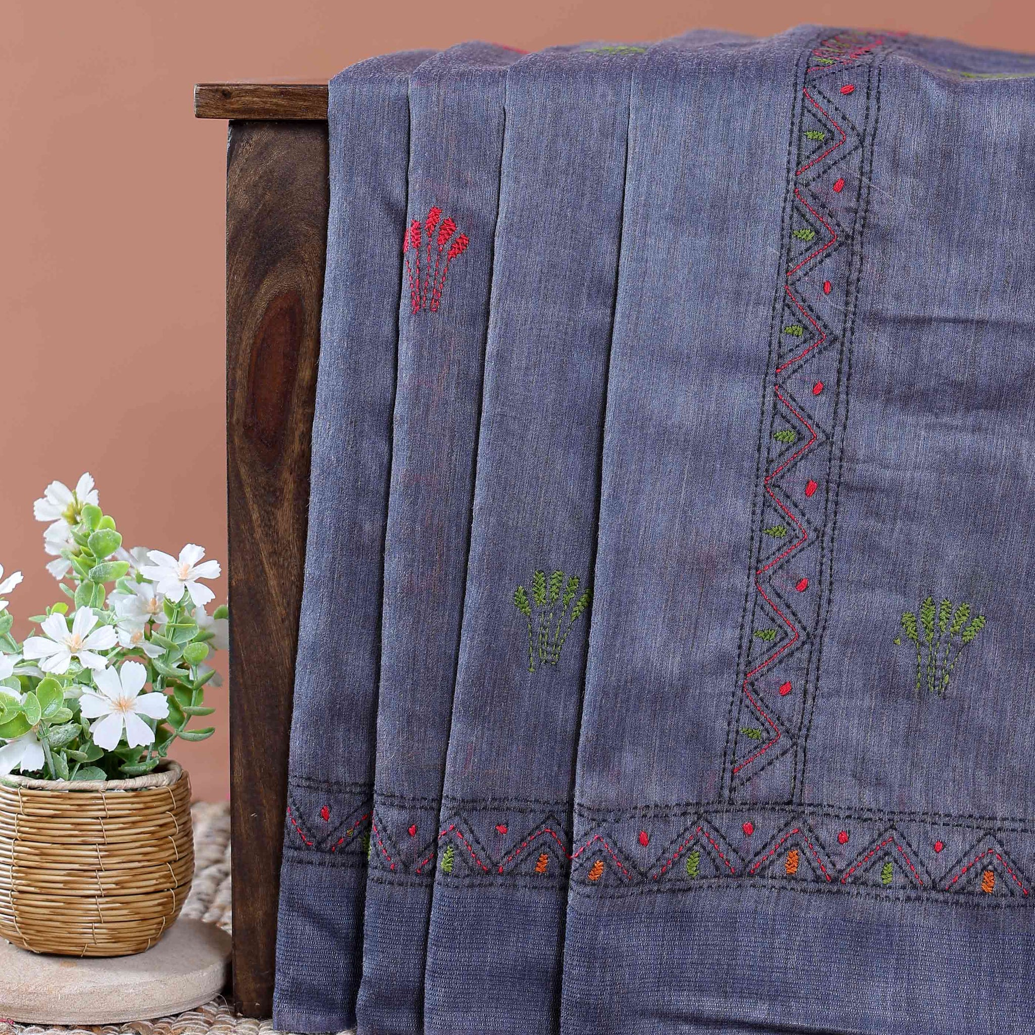 Eleagnt Kantha Work Saree with Floral and Geometric Motifs - Light Blue