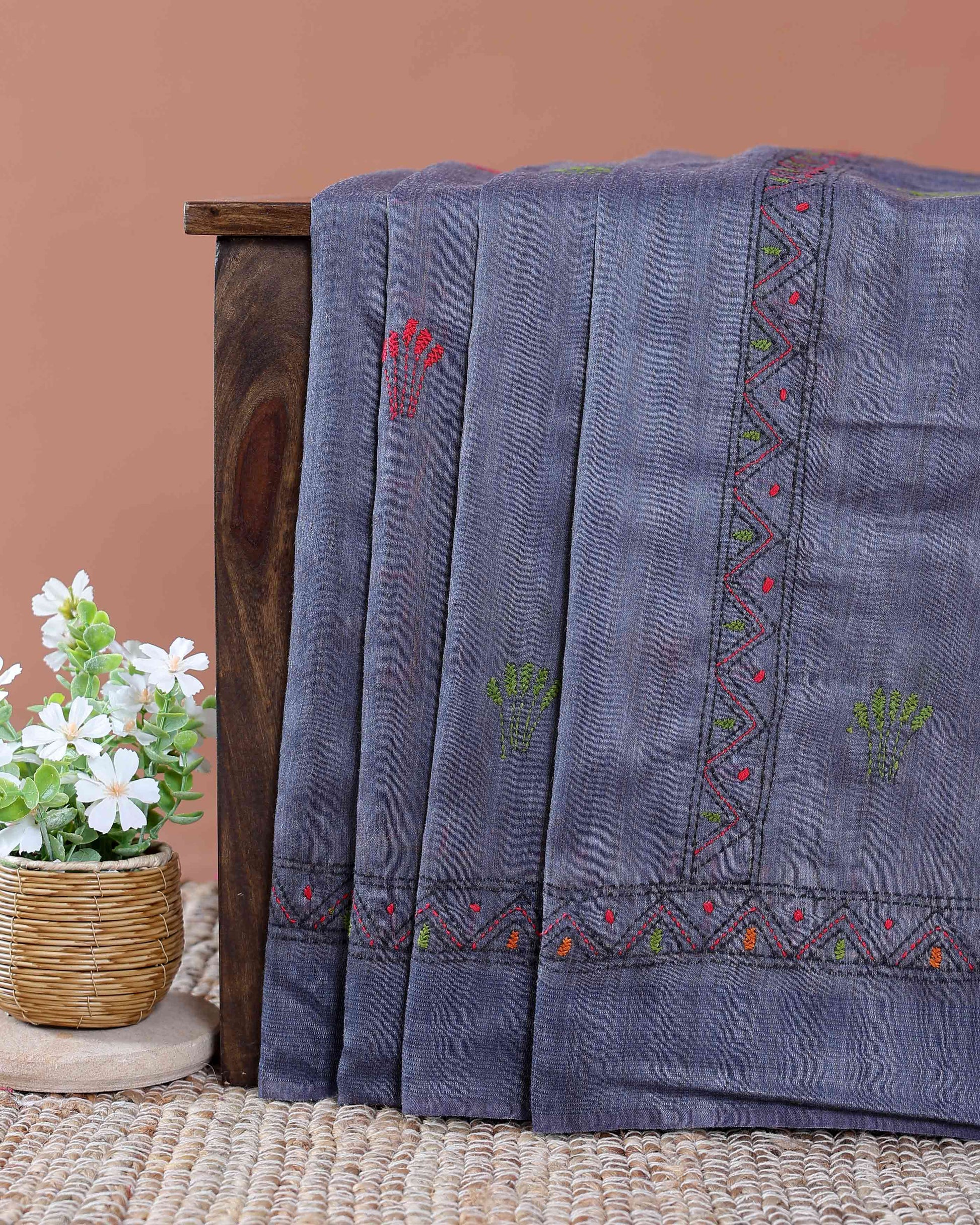 Eleagnt Kantha Work Saree with Floral and Geometric Motifs - Light Blue