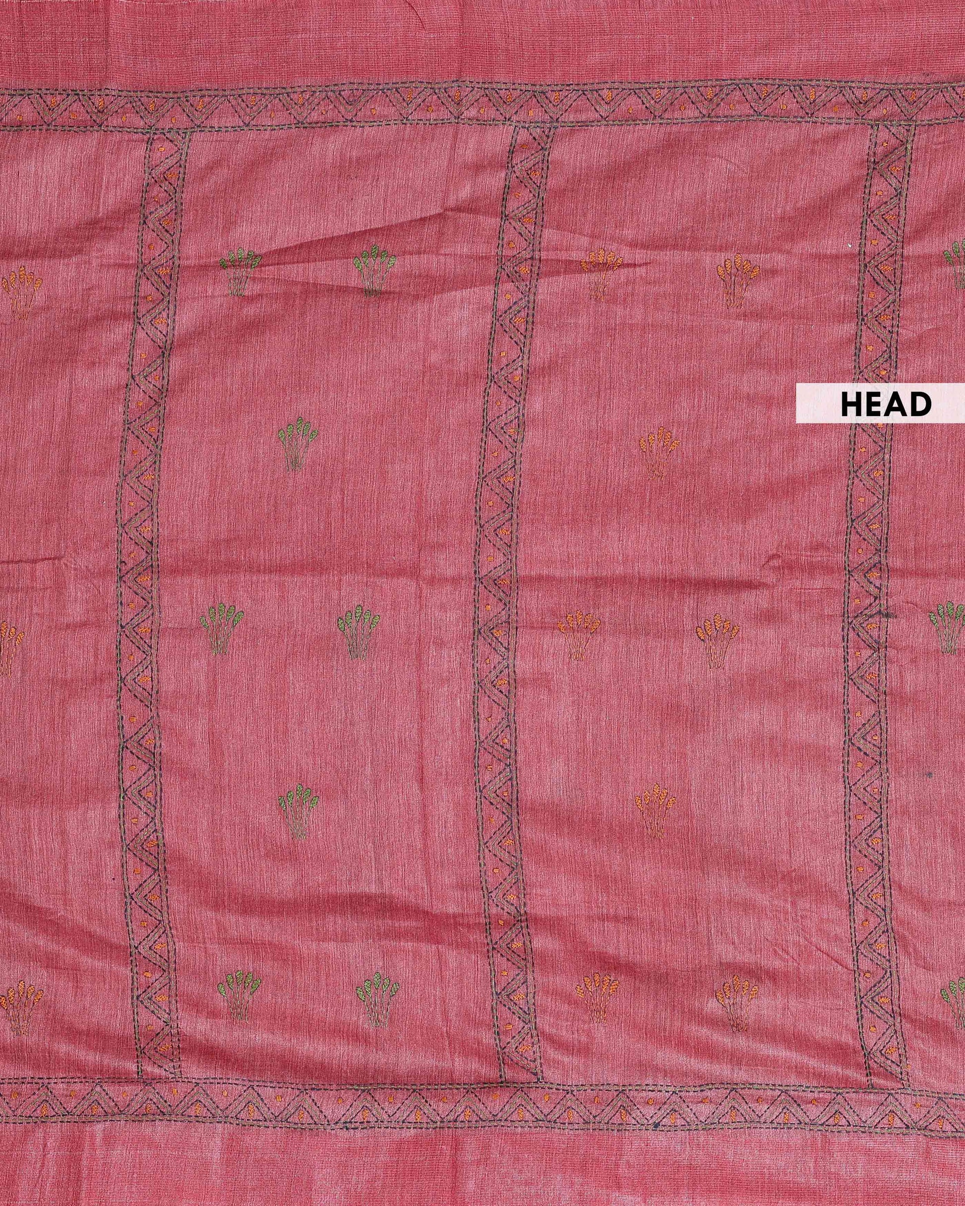 Eleagnt Kantha Work Saree with Floral and Geometric Motifs - Light Red