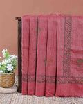 Eleagnt Kantha Work Saree with Floral and Geometric Motifs - Light Red