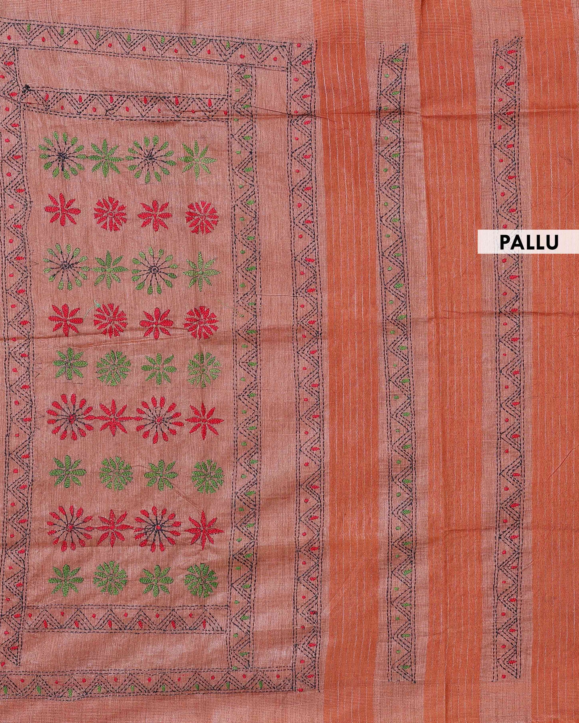 Eleagnt Kantha Work Saree with Floral and Geometric Motifs - Orange