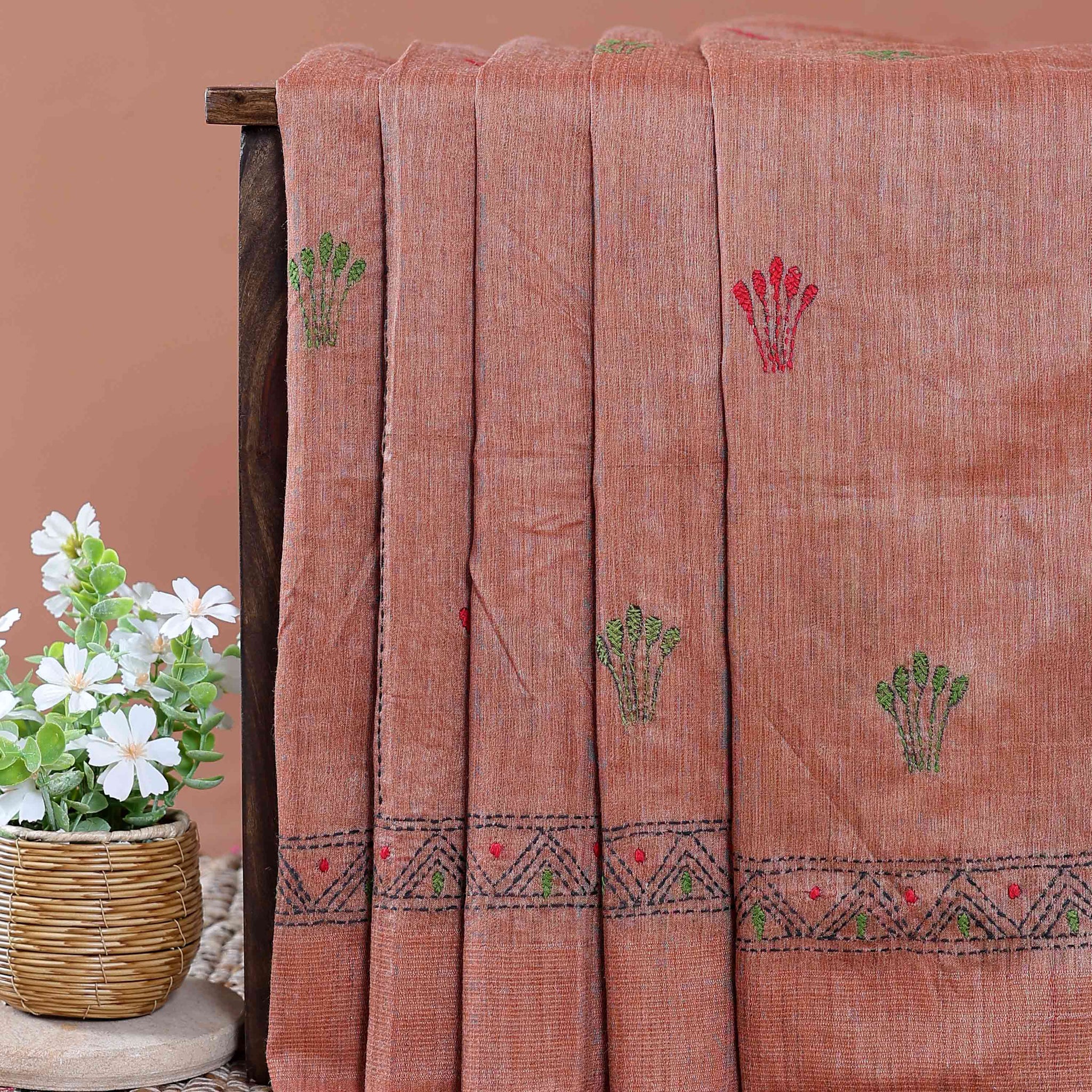 Eleagnt Kantha Work Saree with Floral and Geometric Motifs - Orange