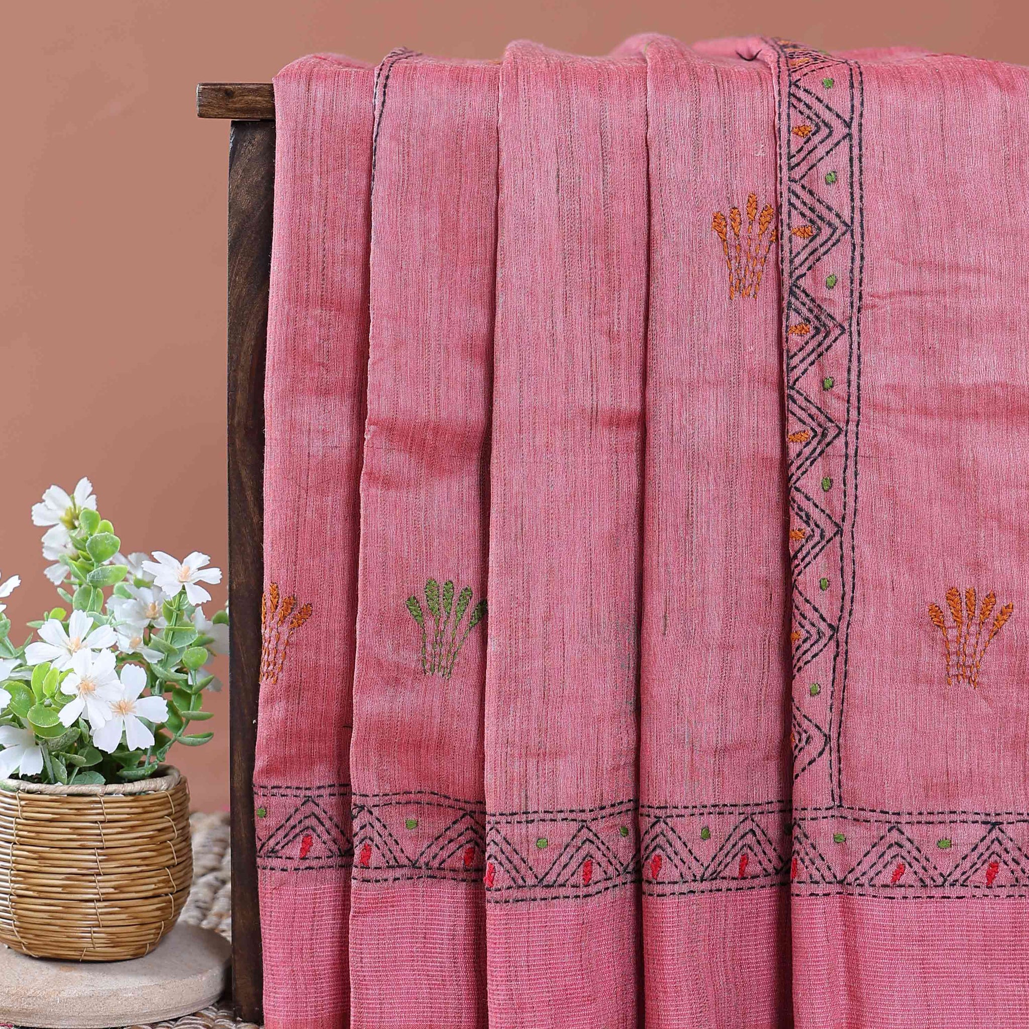 Eleagnt Kantha Work Saree with Floral and Geometric Motifs - Pink