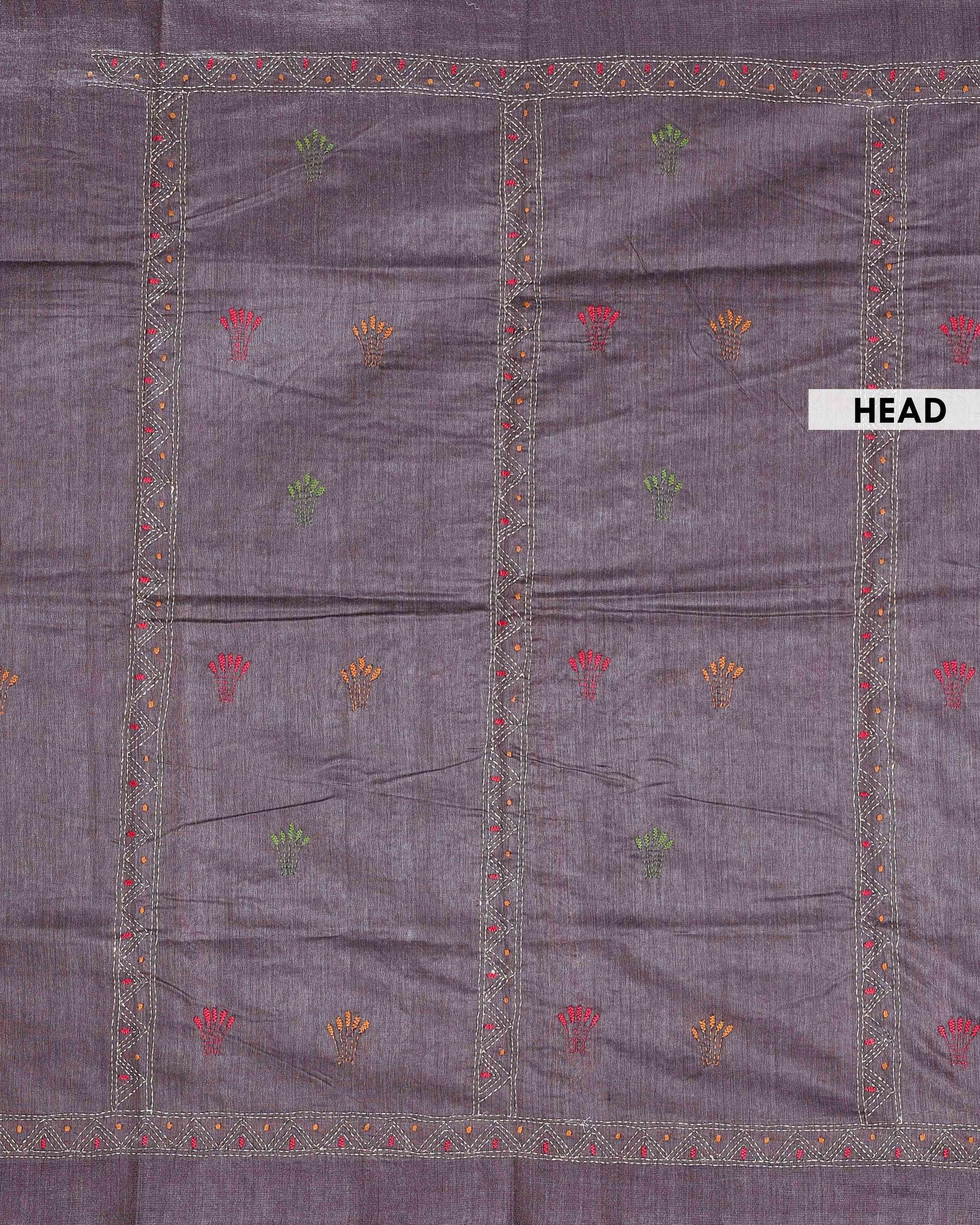 Eleagnt Kantha Work Saree with Floral and Geometric Motifs - Purple