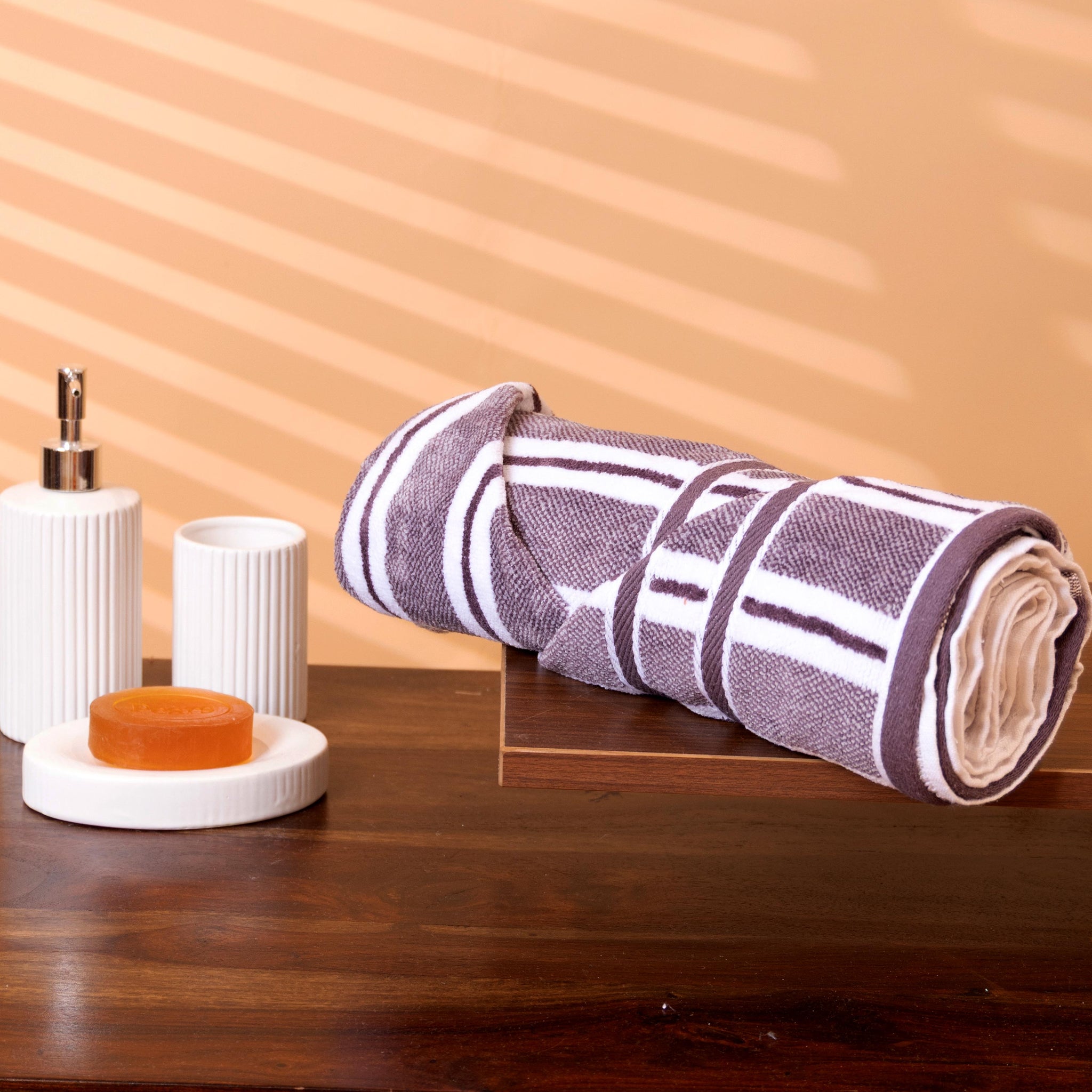 Elegant Absorbent & Soft Striped Towel with Border Design - Purple