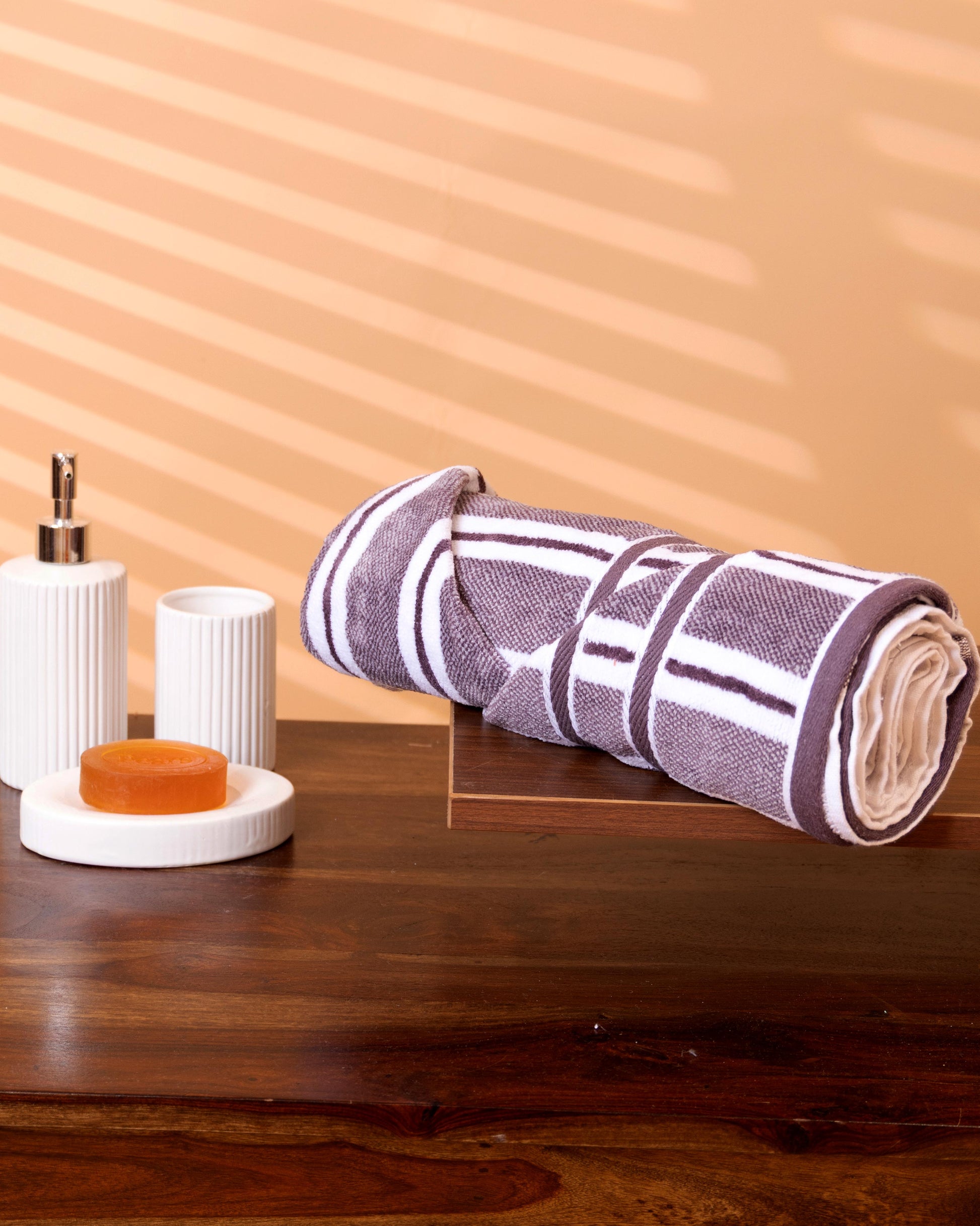 Elegant Absorbent & Soft Striped Towel with Border Design - Purple