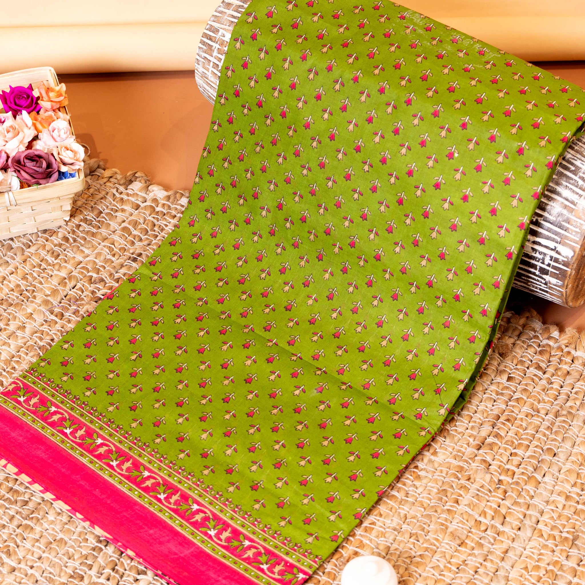 Elegant All-Over Floral Printed Voile Cotton Saree with Traditional Contrast Border - Green