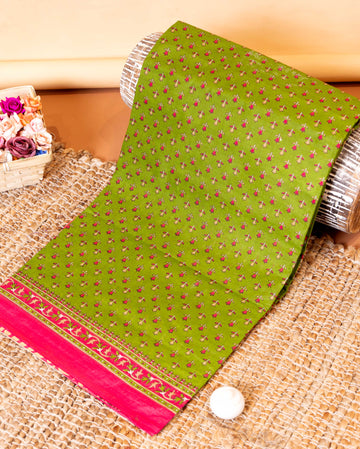 Elegant All-Over Floral Printed Voile Cotton Saree with Traditional Contrast Border - Green