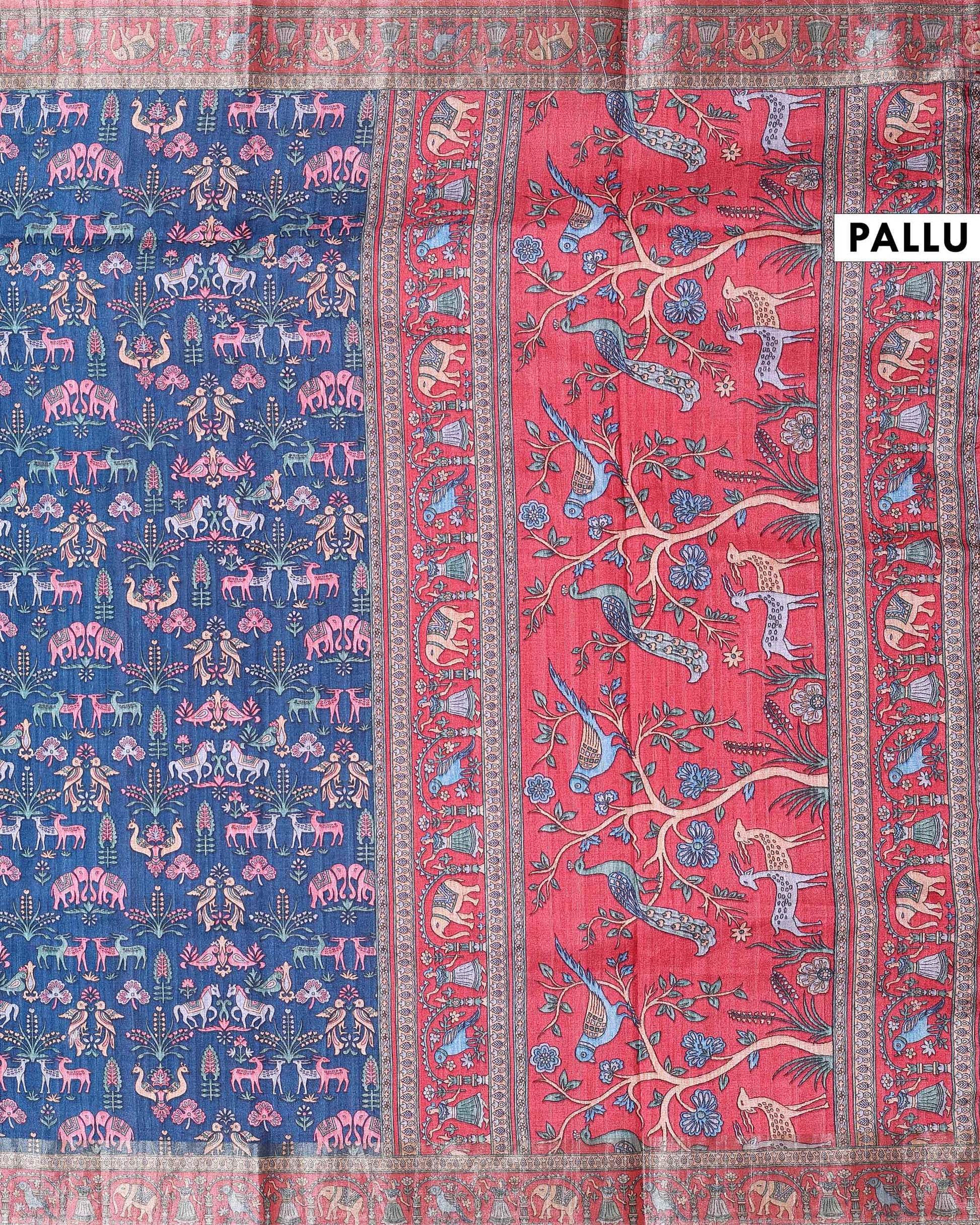 Elegant Art Silk Saree with Intricate Folk Motifs and Traditional Woven Border - Blue-Pallu