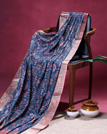 Elegant Art Silk Saree with Intricate Folk Motifs and Traditional Woven Border - Blue
