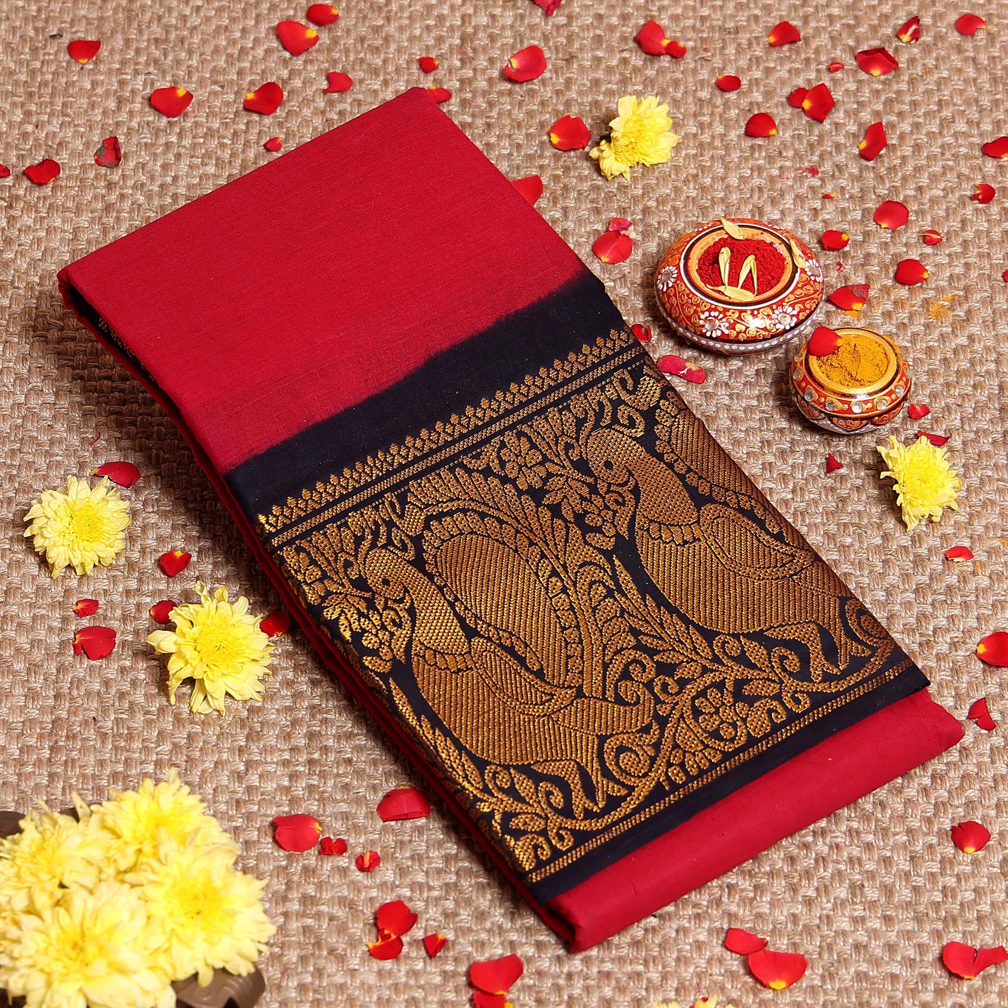 Elegant Authentic Madurai Sungudi Cotton Saree with Zari Peacock Border - Red