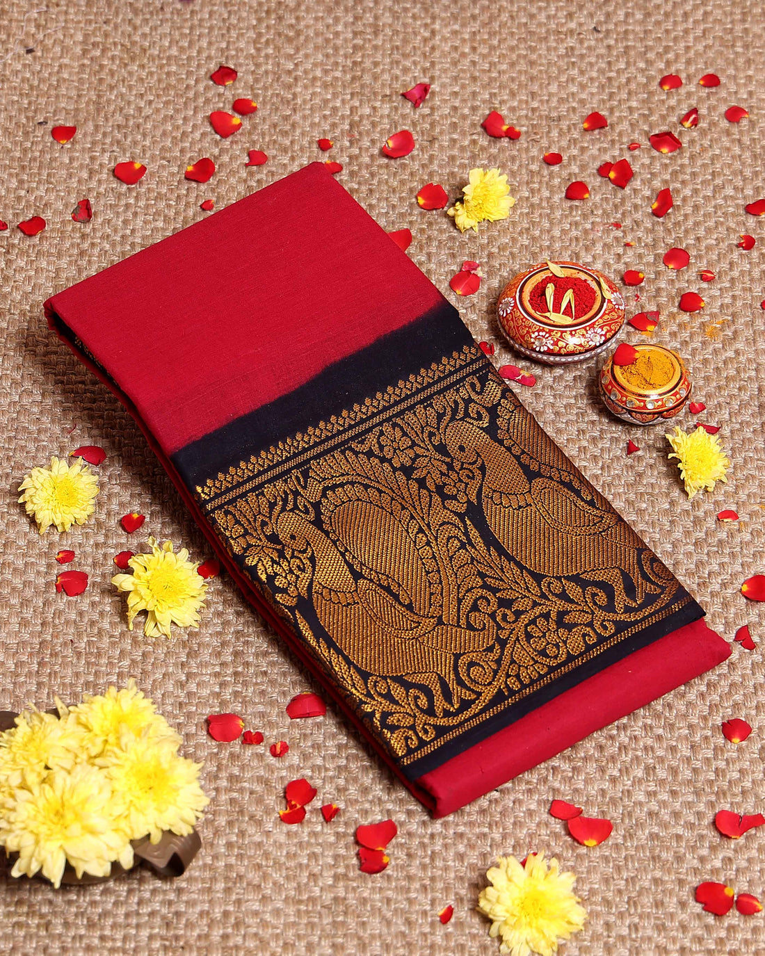 Elegant Authentic Madurai Sungudi Cotton Saree with Zari Peacock Border - Red