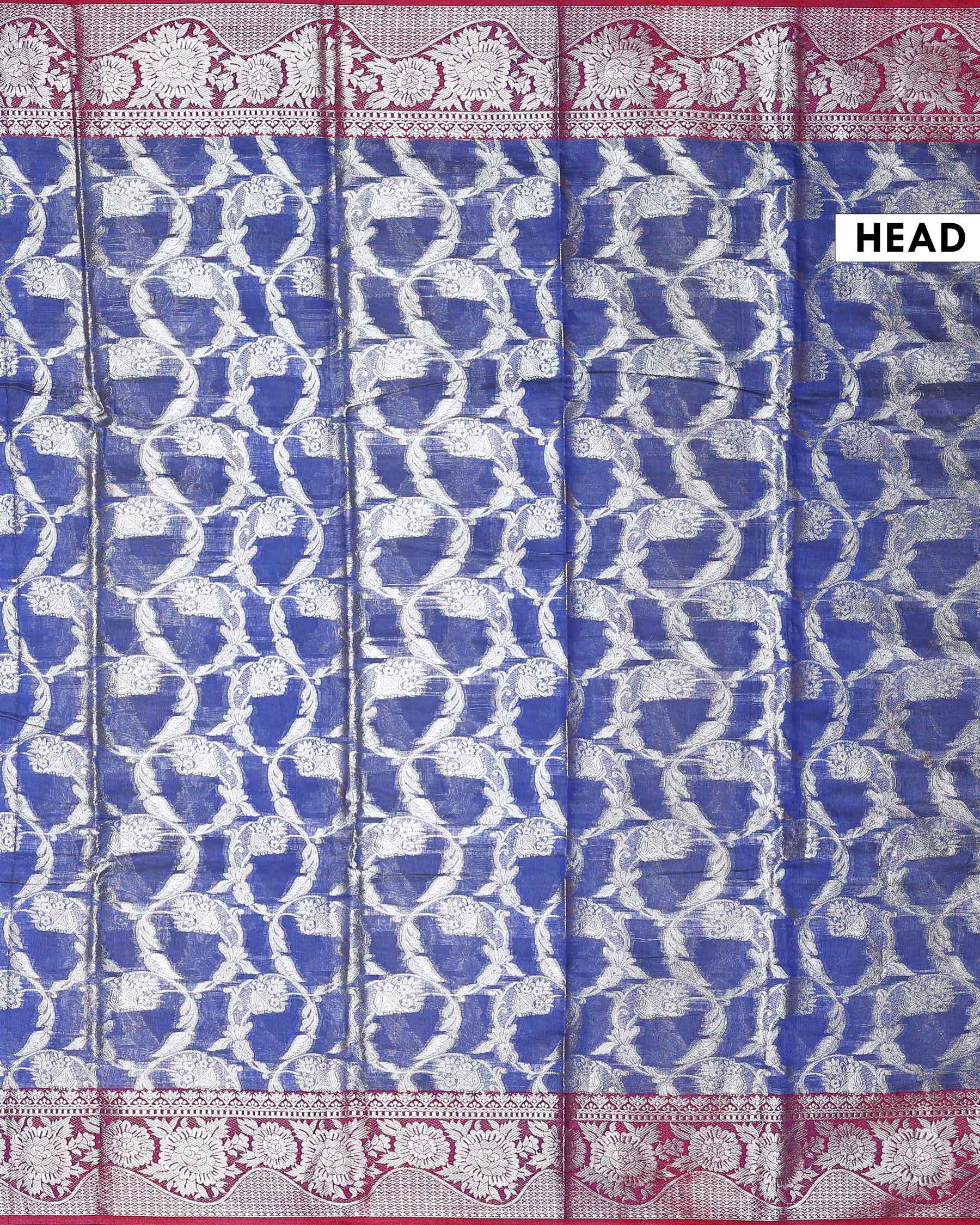 Elegant Banarasi Tissue Saree with Intricate Silver Zari Floral Jaal Weaving and Traditional Brocade Border - Blue-Head