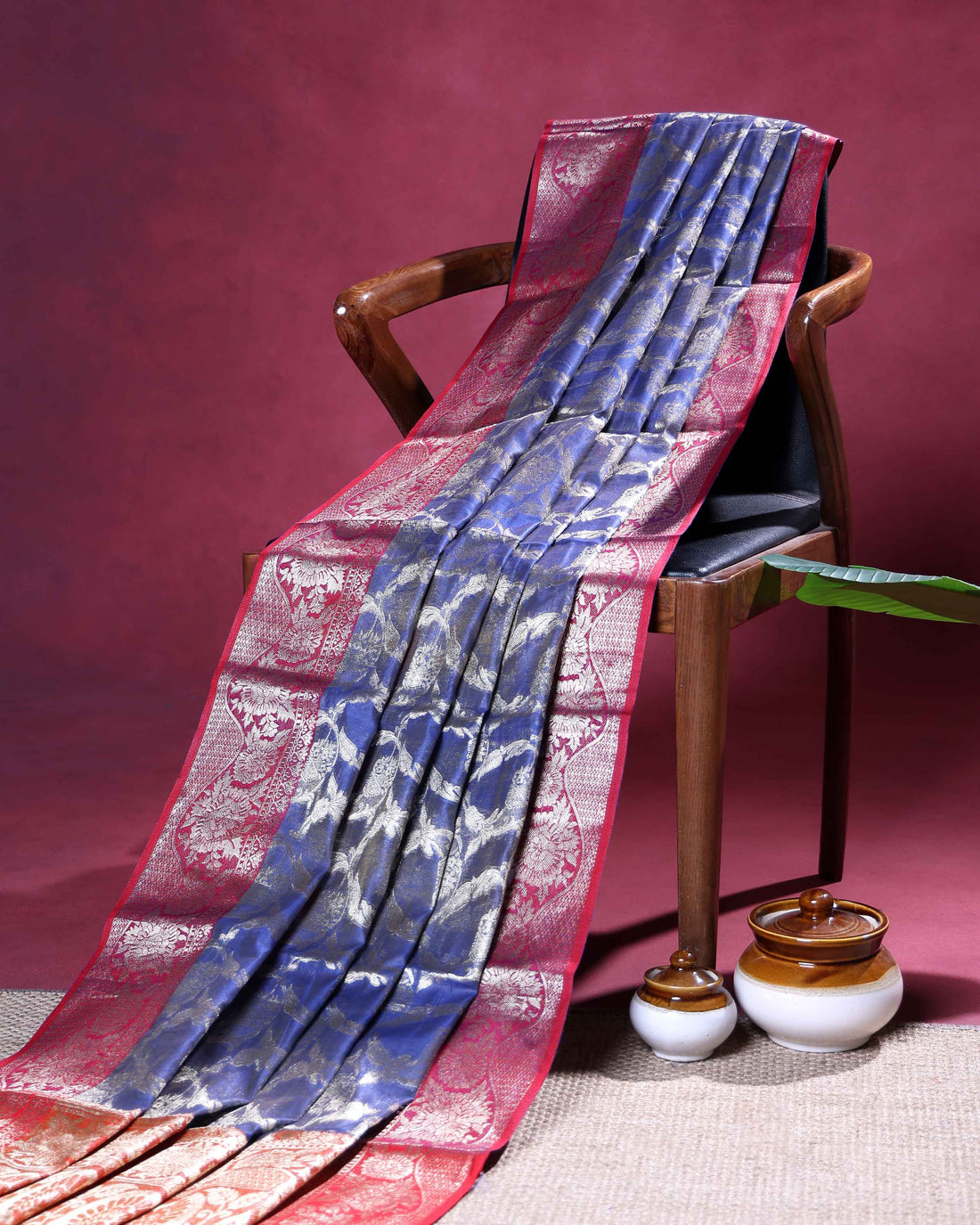 Elegant Banarasi Tissue Saree with Intricate Silver Zari Floral Jaal Weaving and Traditional Brocade Border - Blue