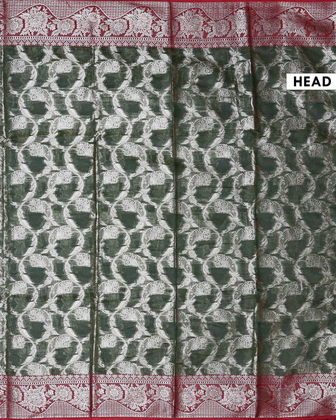 Elegant Banarasi Tissue Saree with Intricate Silver Zari Floral Jaal Weaving and Traditional Brocade Border - Dark Green