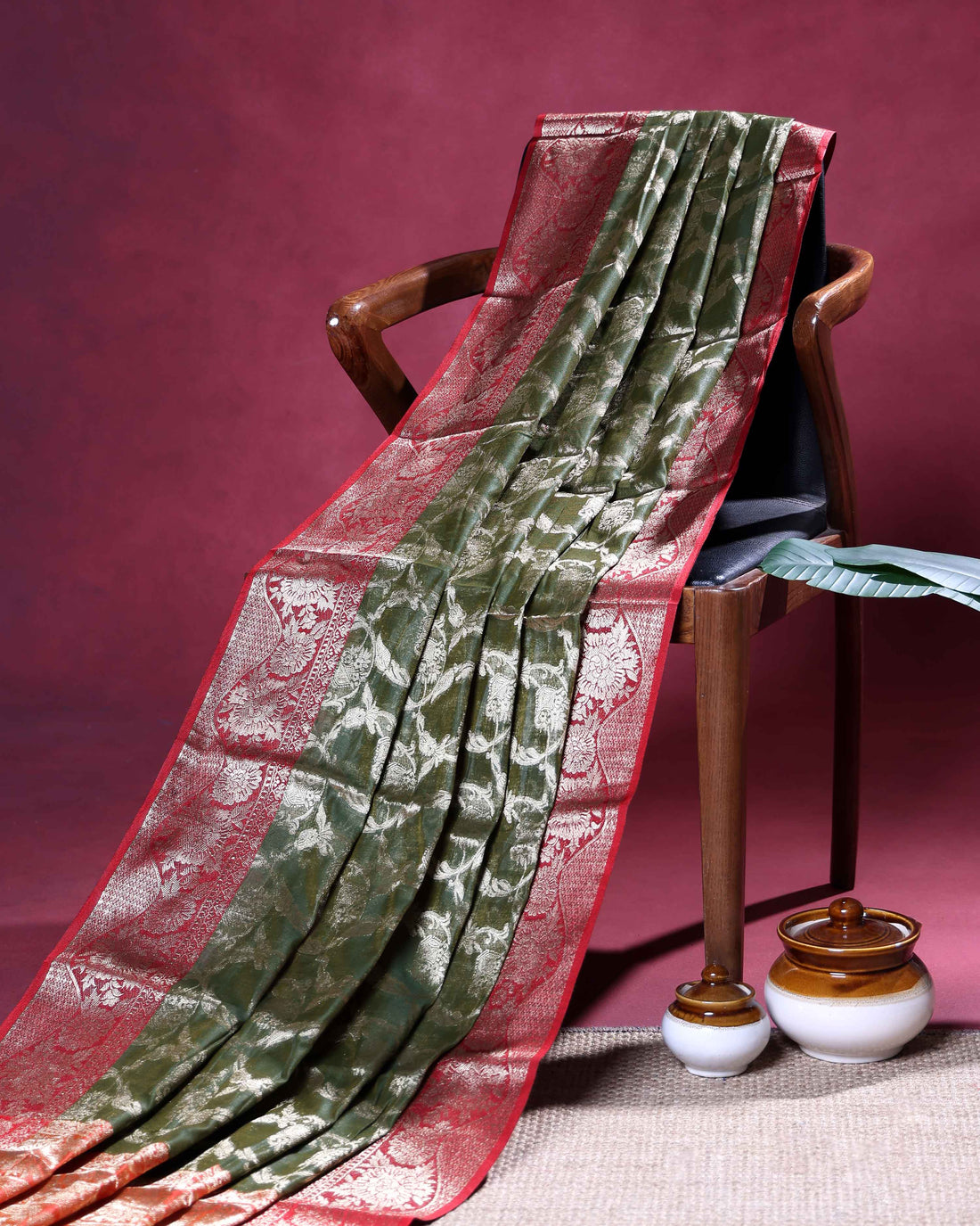Elegant Banarasi Tissue Saree with Intricate Silver Zari Floral Jaal Weaving and Traditional Brocade Border - Dark Green