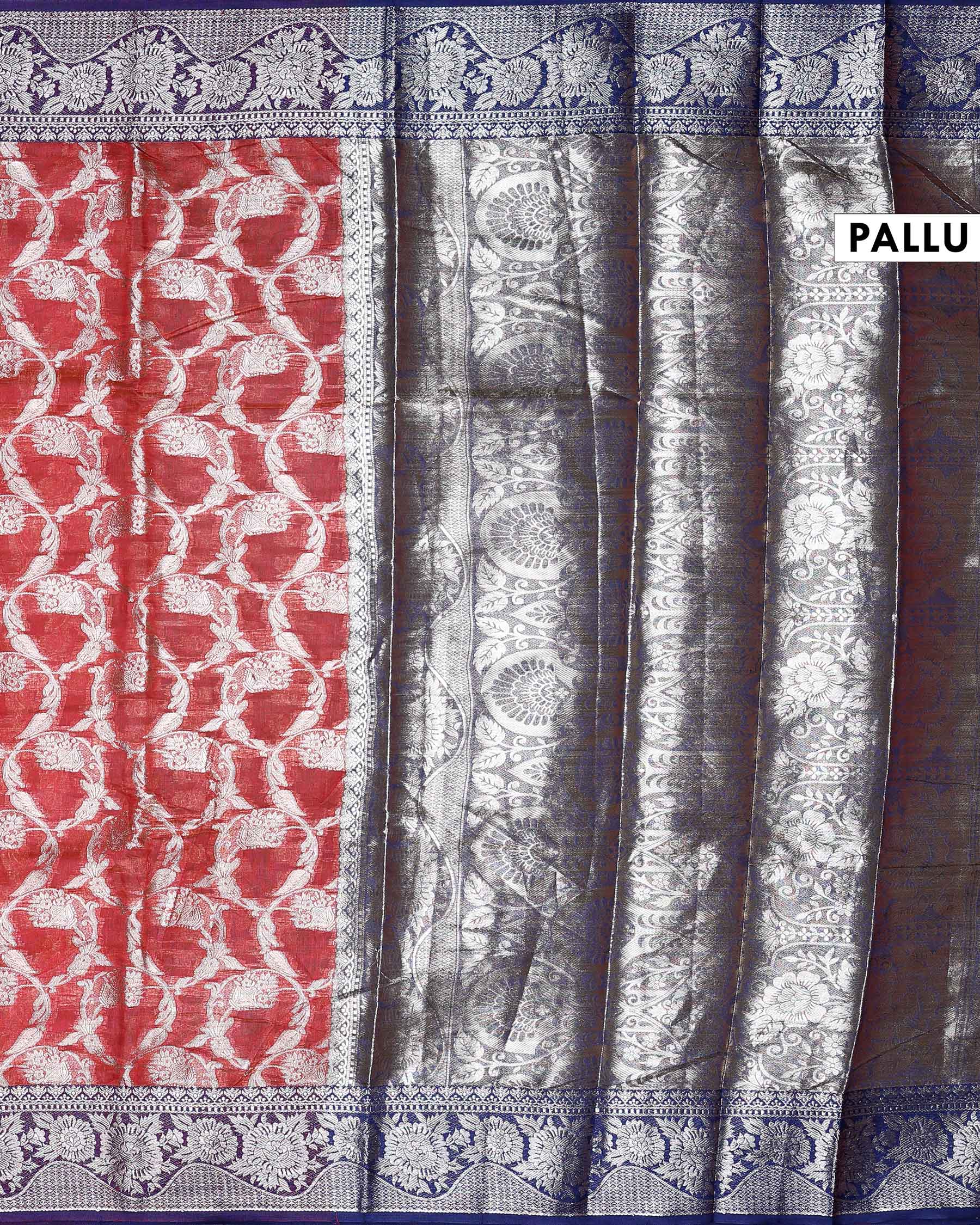 Elegant Banarasi Tissue Saree with Intricate Silver Zari Floral Jaal Weaving and Traditional Brocade Border - Pallu