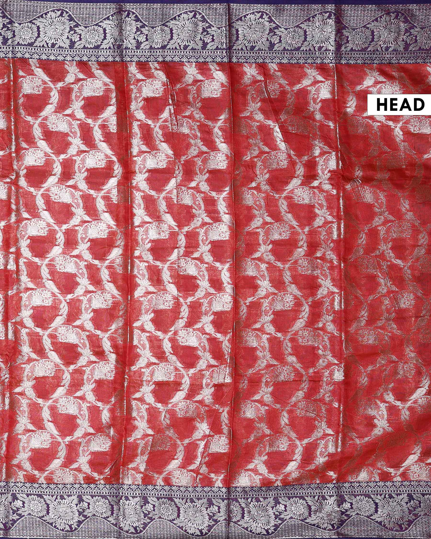 Elegant Banarasi Tissue Saree with Intricate Silver Zari Floral Jaal Weaving and Traditional Brocade Border - Red-Head