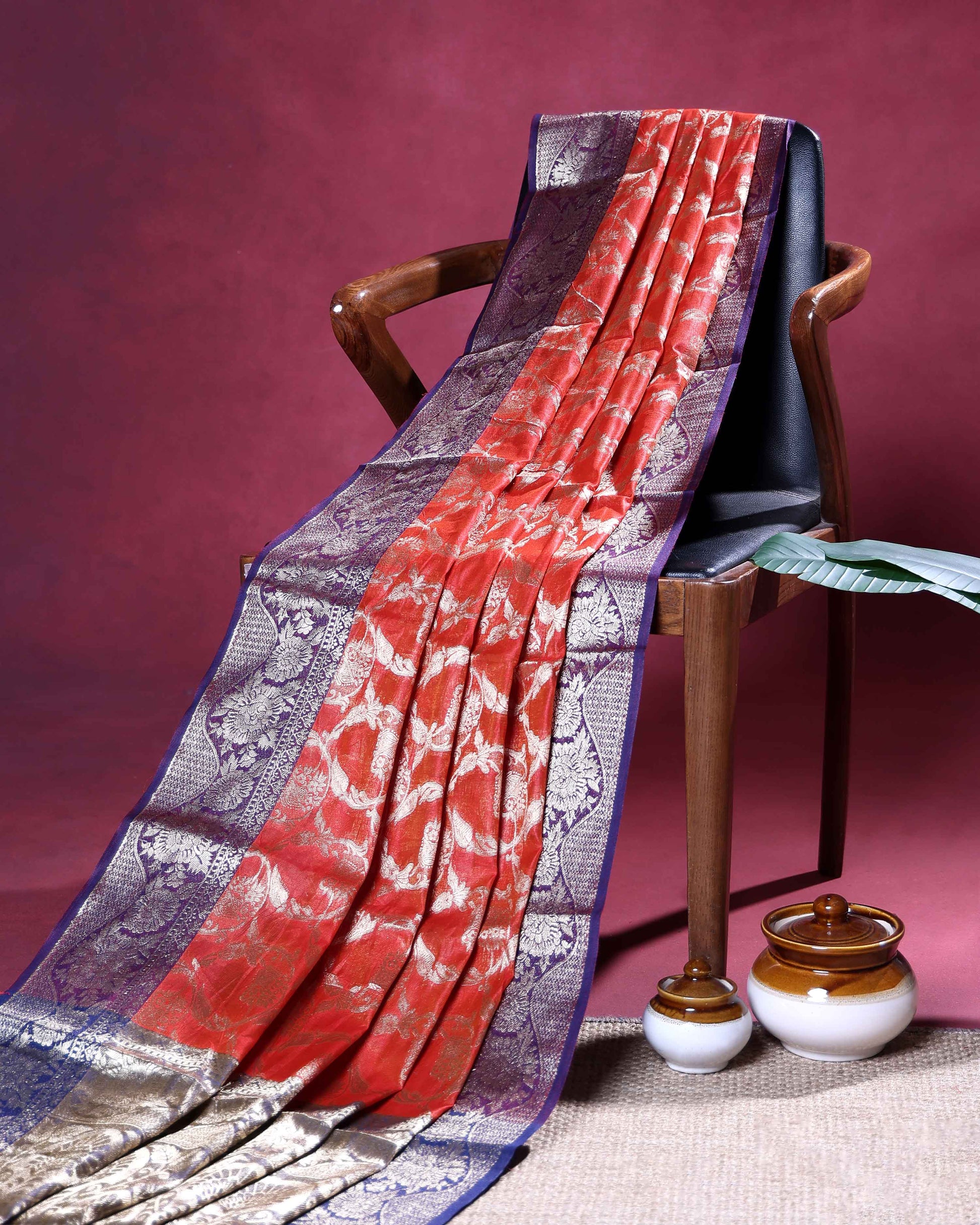 Elegant Banarasi Tissue Saree with Intricate Silver Zari Floral Jaal Weaving and Traditional Brocade Border - Red