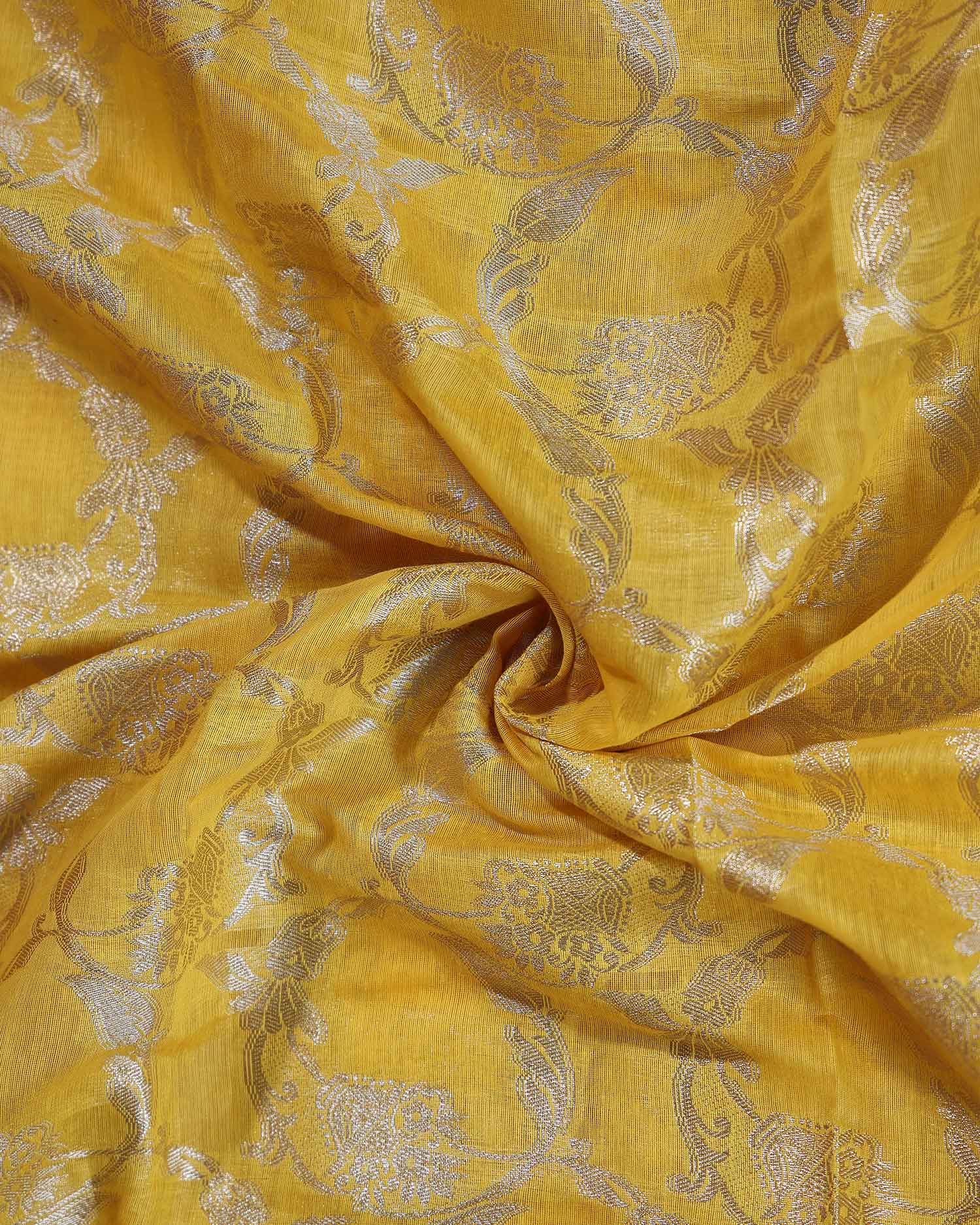 Elegant Banarasi Tissue Saree with Intricate Silver Zari Floral Jaal Weaving and Traditional Brocade Border - Yellow-Close Up
