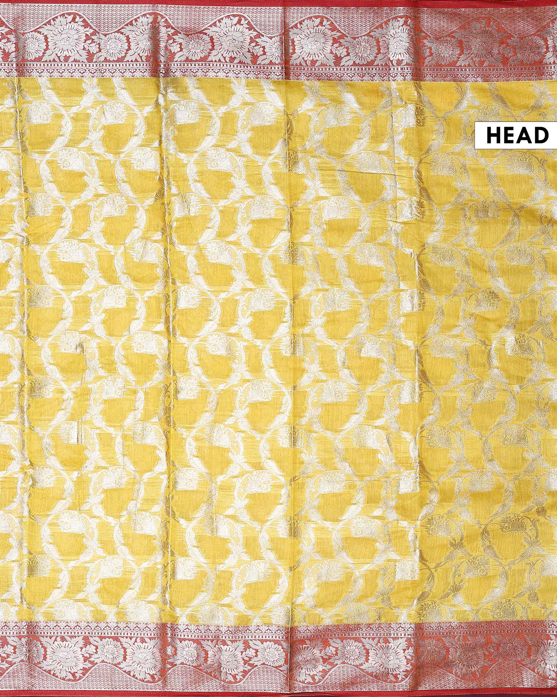 Elegant Banarasi Tissue Saree with Intricate Silver Zari Floral Jaal Weaving and Traditional Brocade Border - Yellow-Head