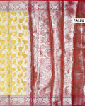 Elegant Banarasi Tissue Saree with Intricate Silver Zari Floral Jaal Weaving and Traditional Brocade Border - Yellow-Red-Pallu