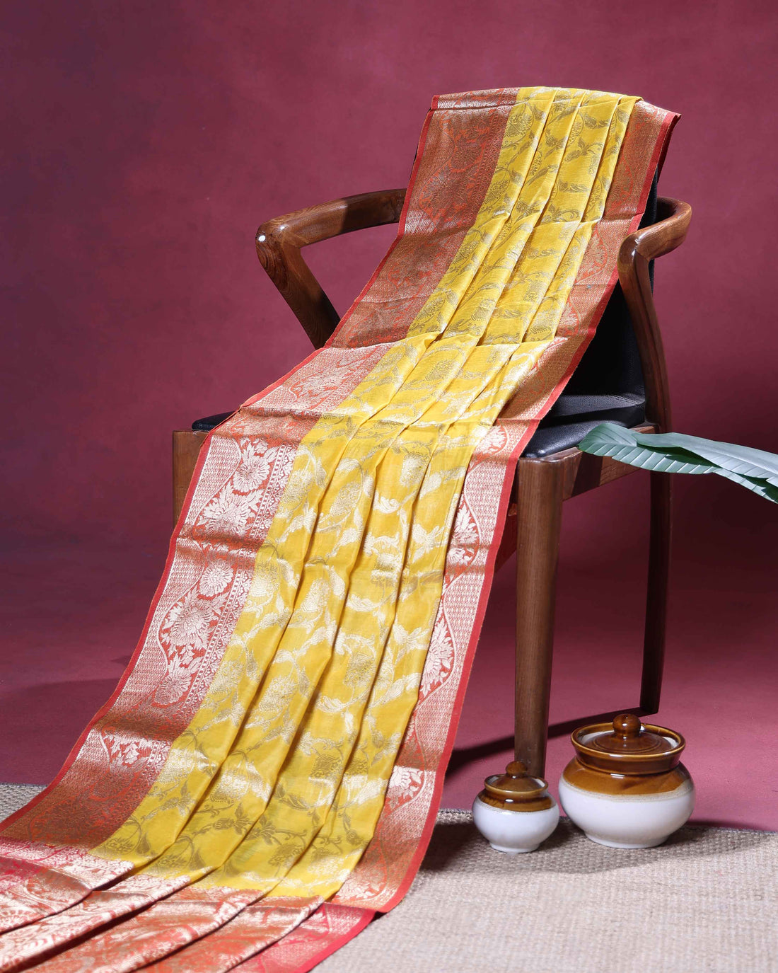 Elegant Banarasi Tissue Saree with Intricate Silver Zari Floral Jaal Weaving and Traditional Brocade Border - Yellow
