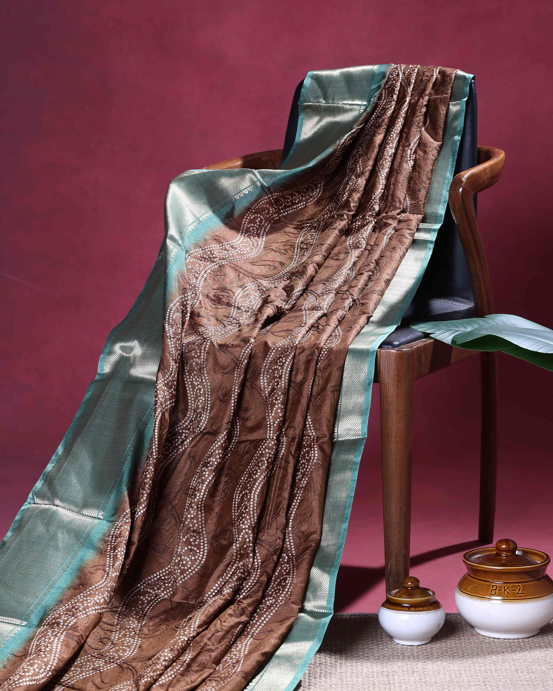 Elegant Bandhani Inspired Dola Silk Saree with All Over Floral Embroidery and Luxurious Woven Zari Border - Coffee Brown