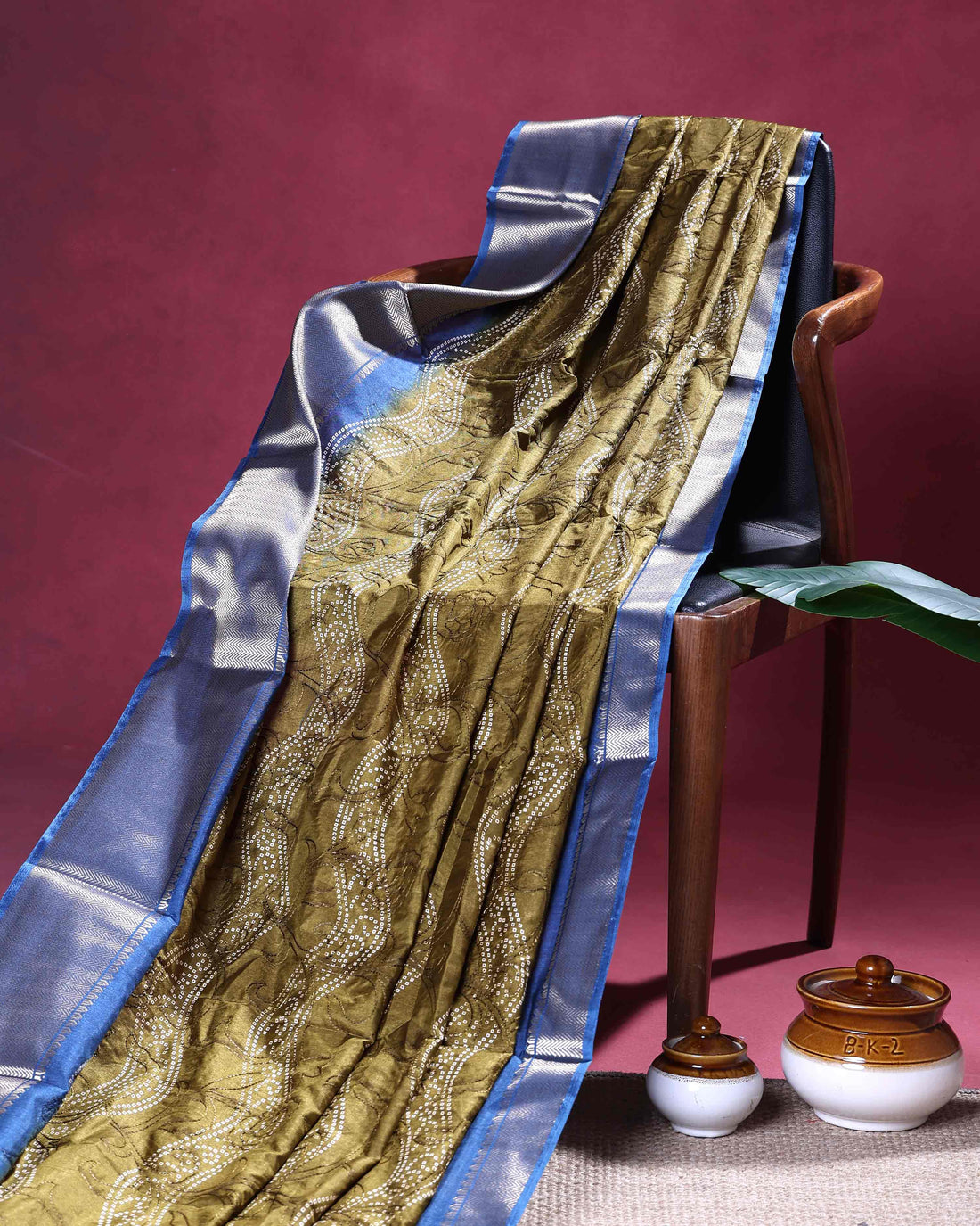 Elegant Bandhani Inspired Dola Silk Saree with All Over Floral Embroidery and Luxurious Woven Zari Border - Olive Green