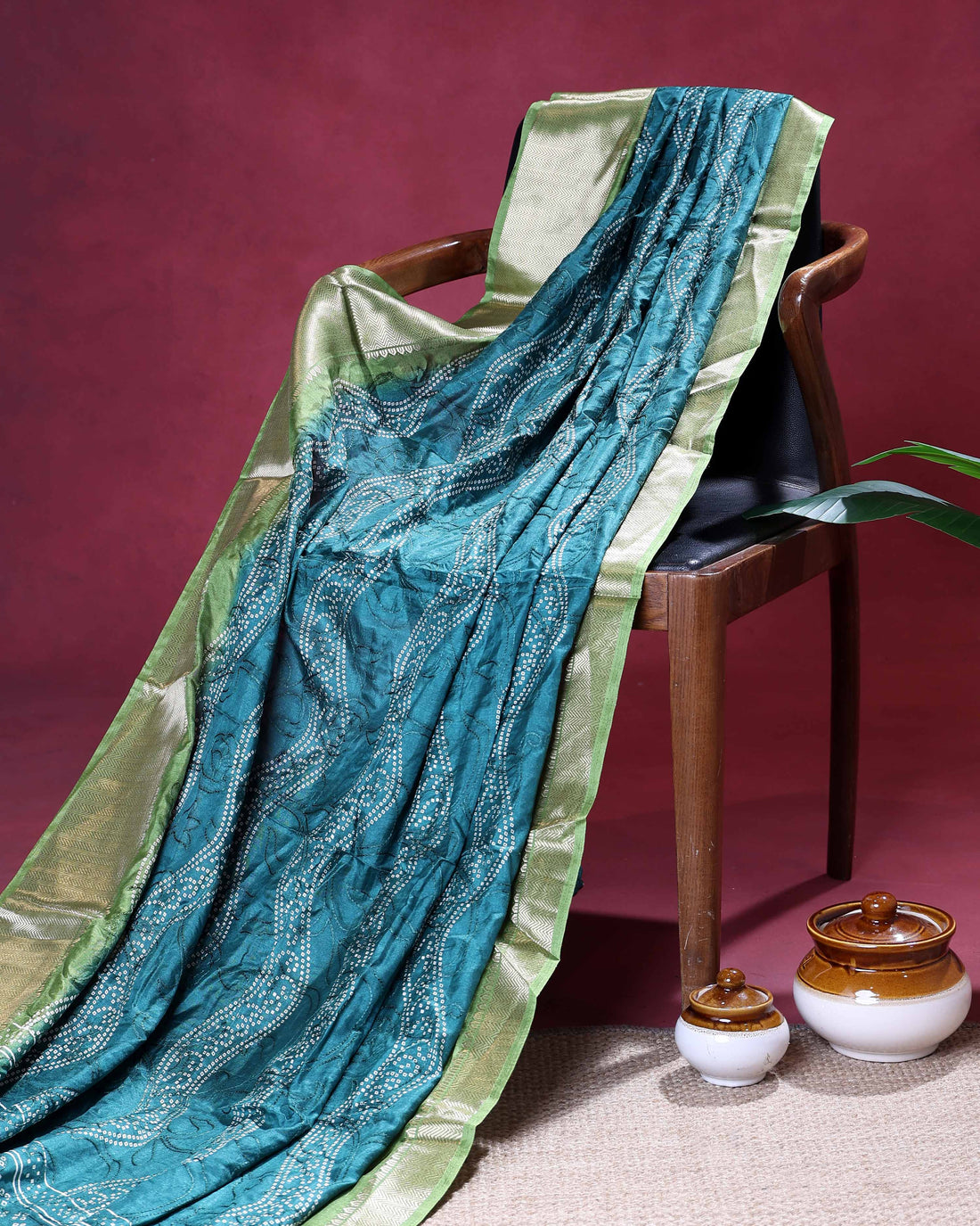 Elegant Bandhani Inspired Dola Silk Saree with All Over Floral Embroidery and Luxurious Woven Zari Border - Teal