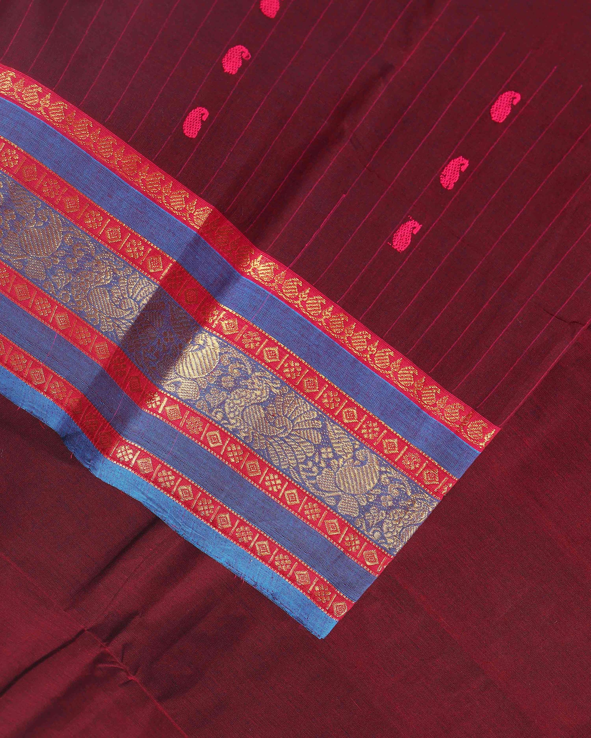 Elegant Chettinad Cotton Saree with Contrast Border and Grid Pattern - Dark Maroon