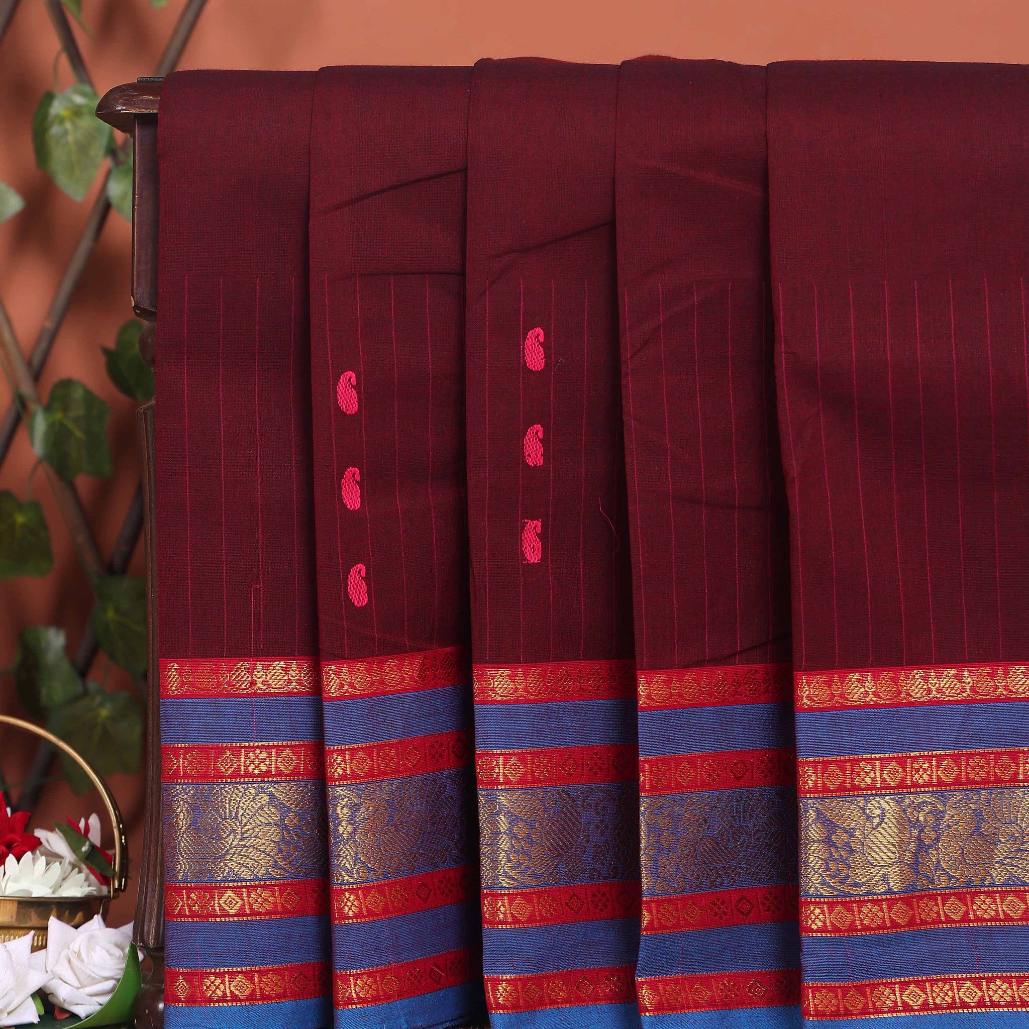Elegant Chettinad Cotton Saree with Contrast Border and Grid Pattern - Dark Maroon