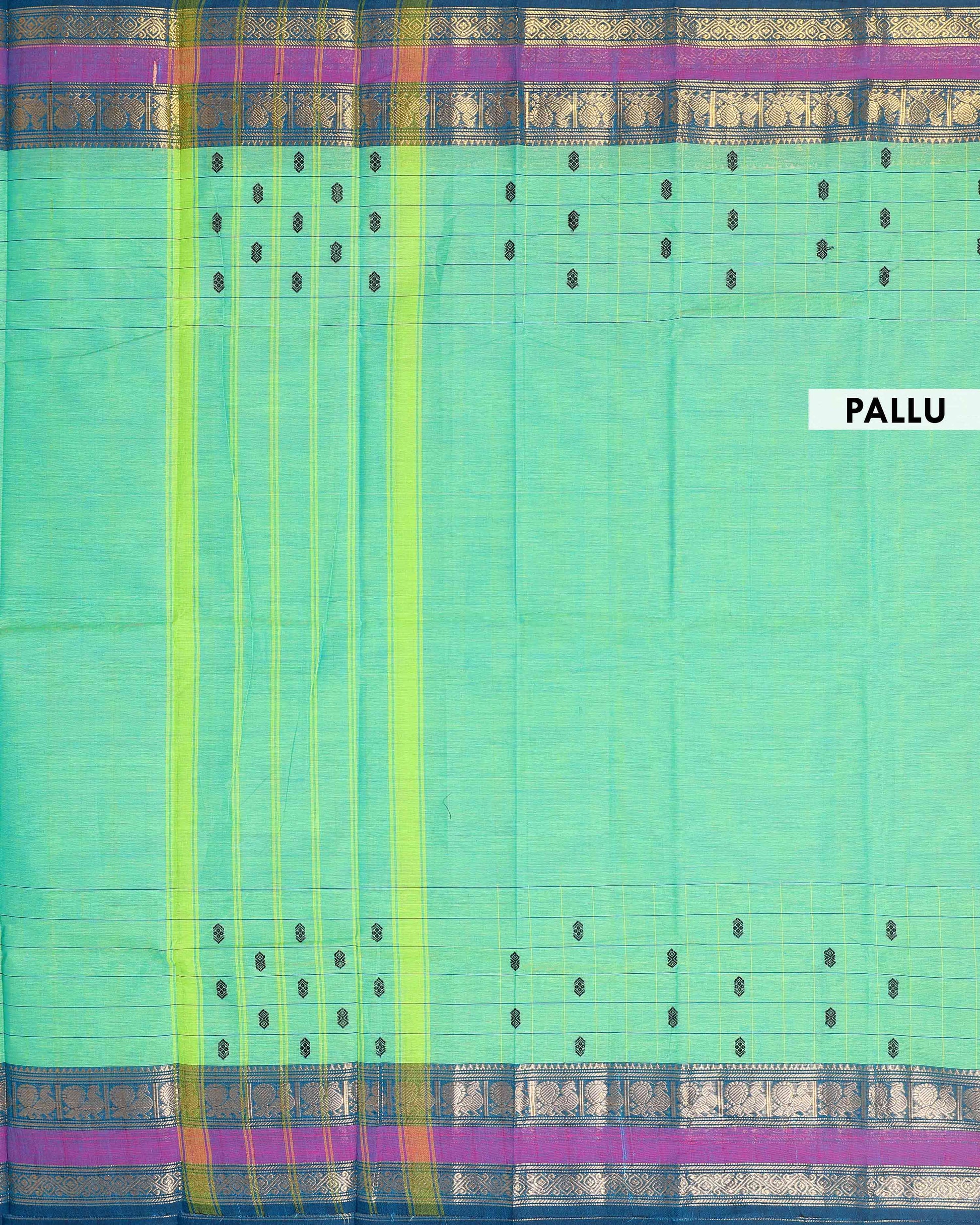 Elegant Chettinad Cotton Saree with Contrast Border and Grid Pattern - Green