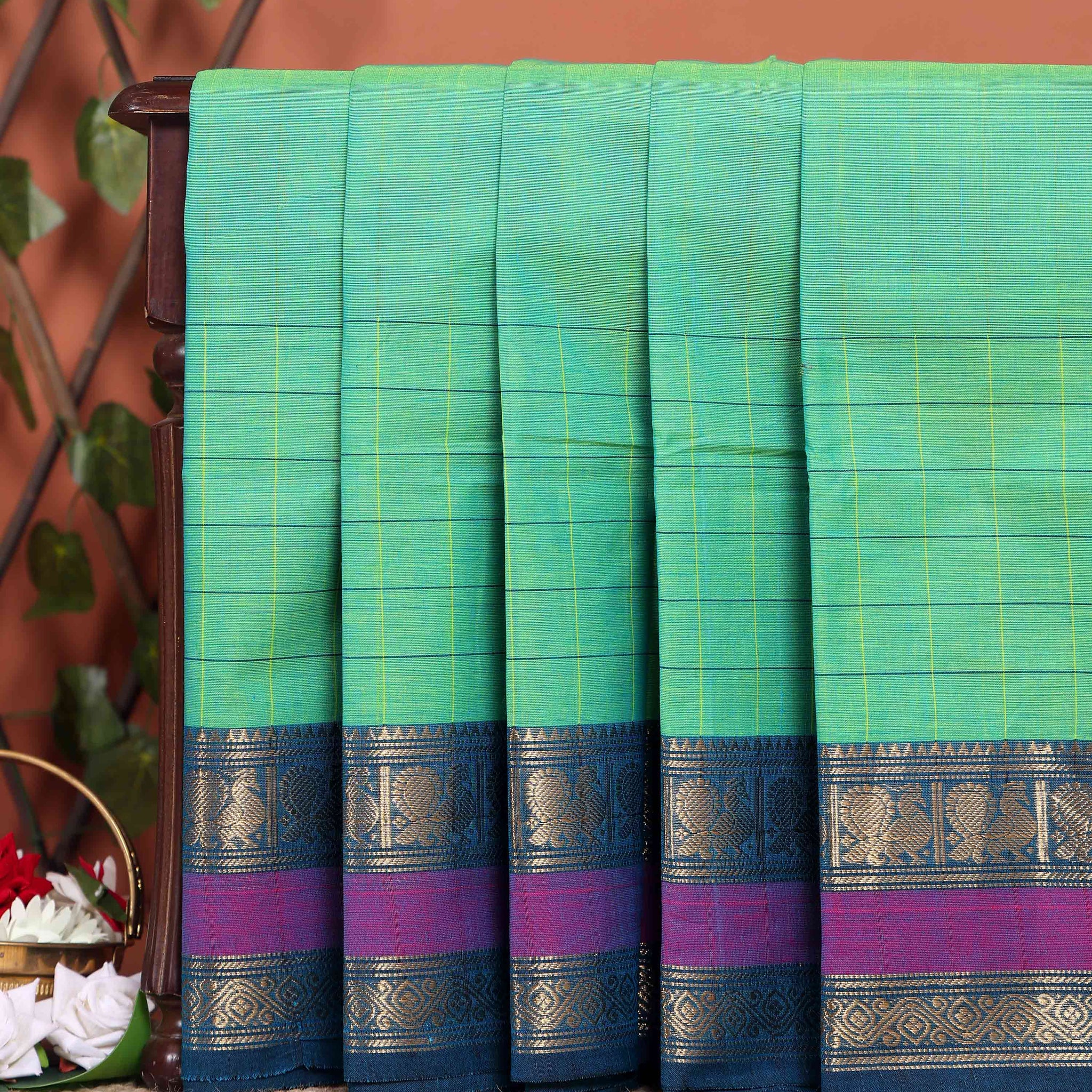 Elegant Chettinad Cotton Saree with Contrast Border and Grid Pattern - Green
