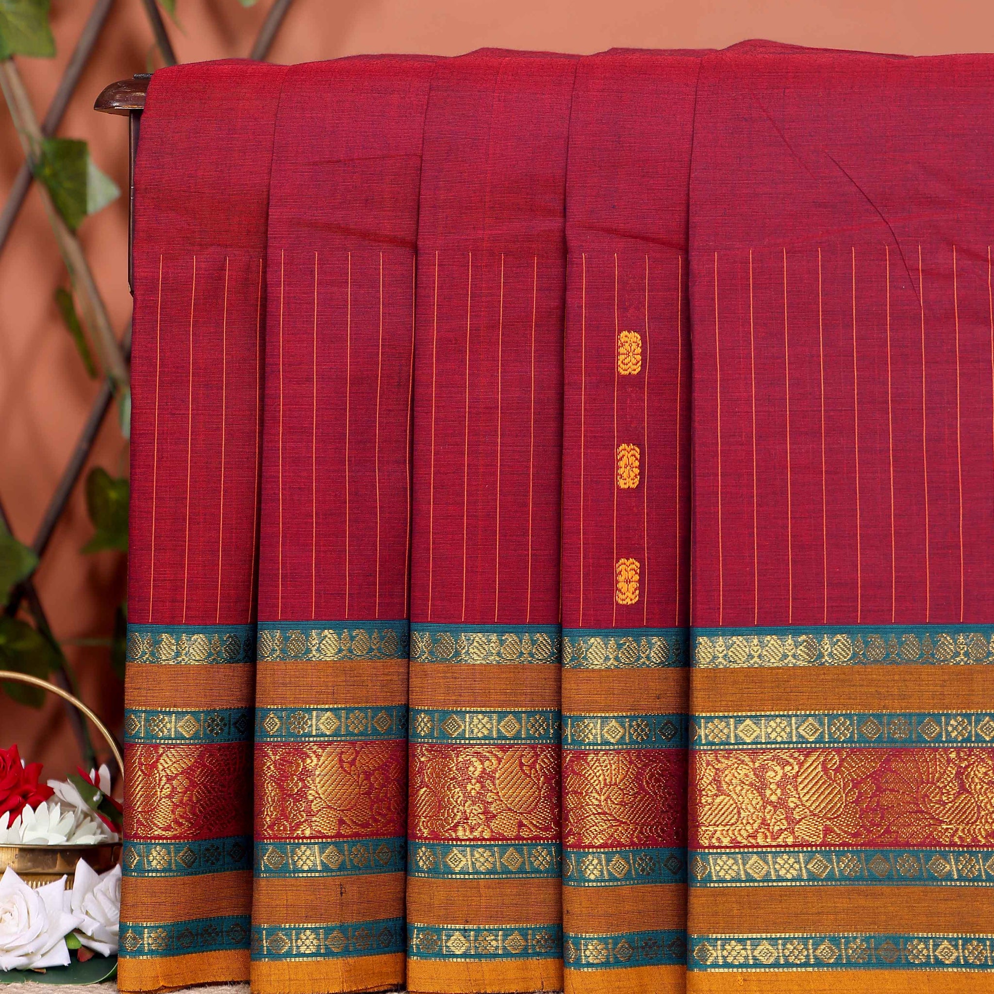 Elegant Chettinad Cotton Saree with Contrast Border and Grid Pattern - Maroon