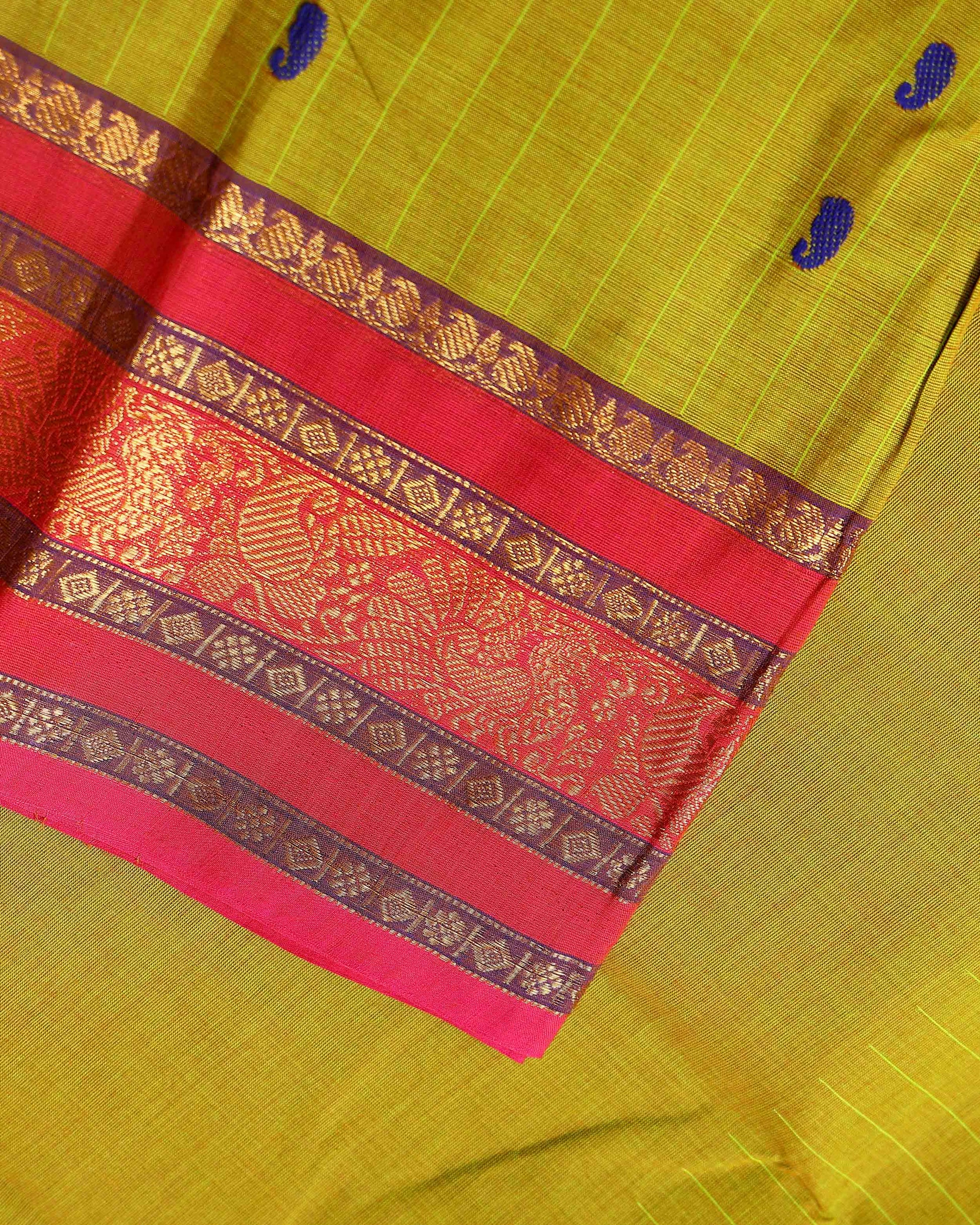 Elegant Chettinad Cotton Saree with Contrast Border and Grid Pattern - Olive Green