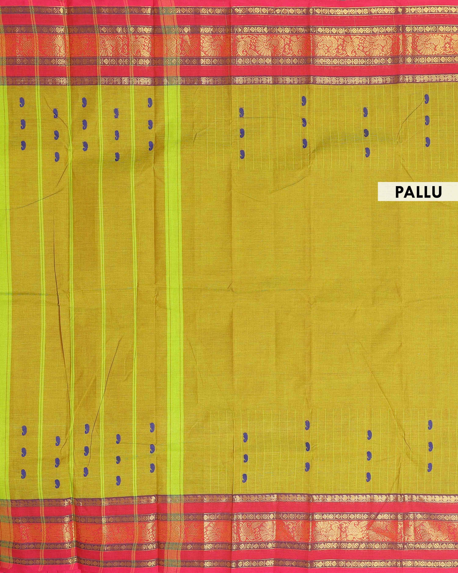 Elegant Chettinad Cotton Saree with Contrast Border and Grid Pattern - Olive Green