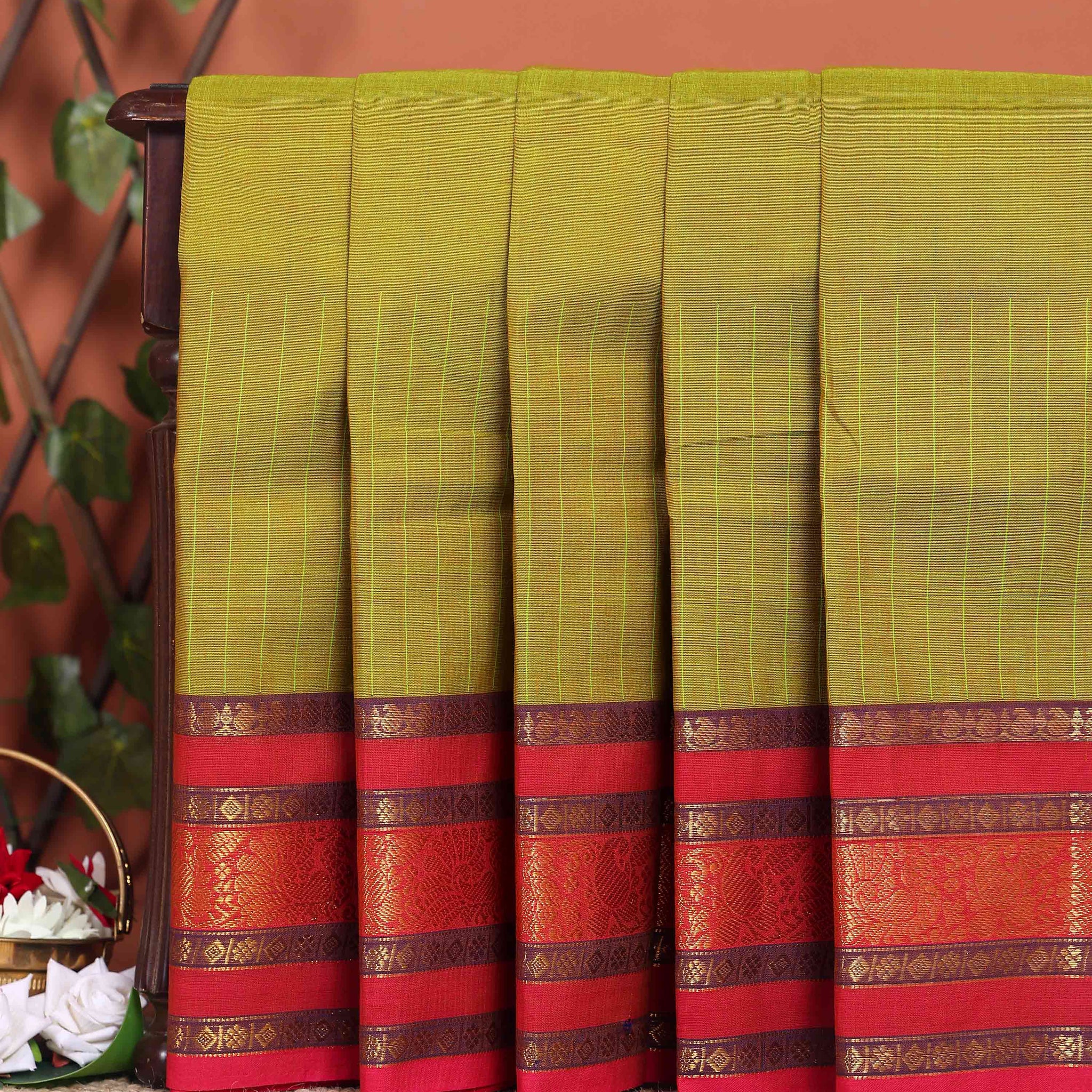 Elegant Chettinad Cotton Saree with Contrast Border and Grid Pattern - Olive Green