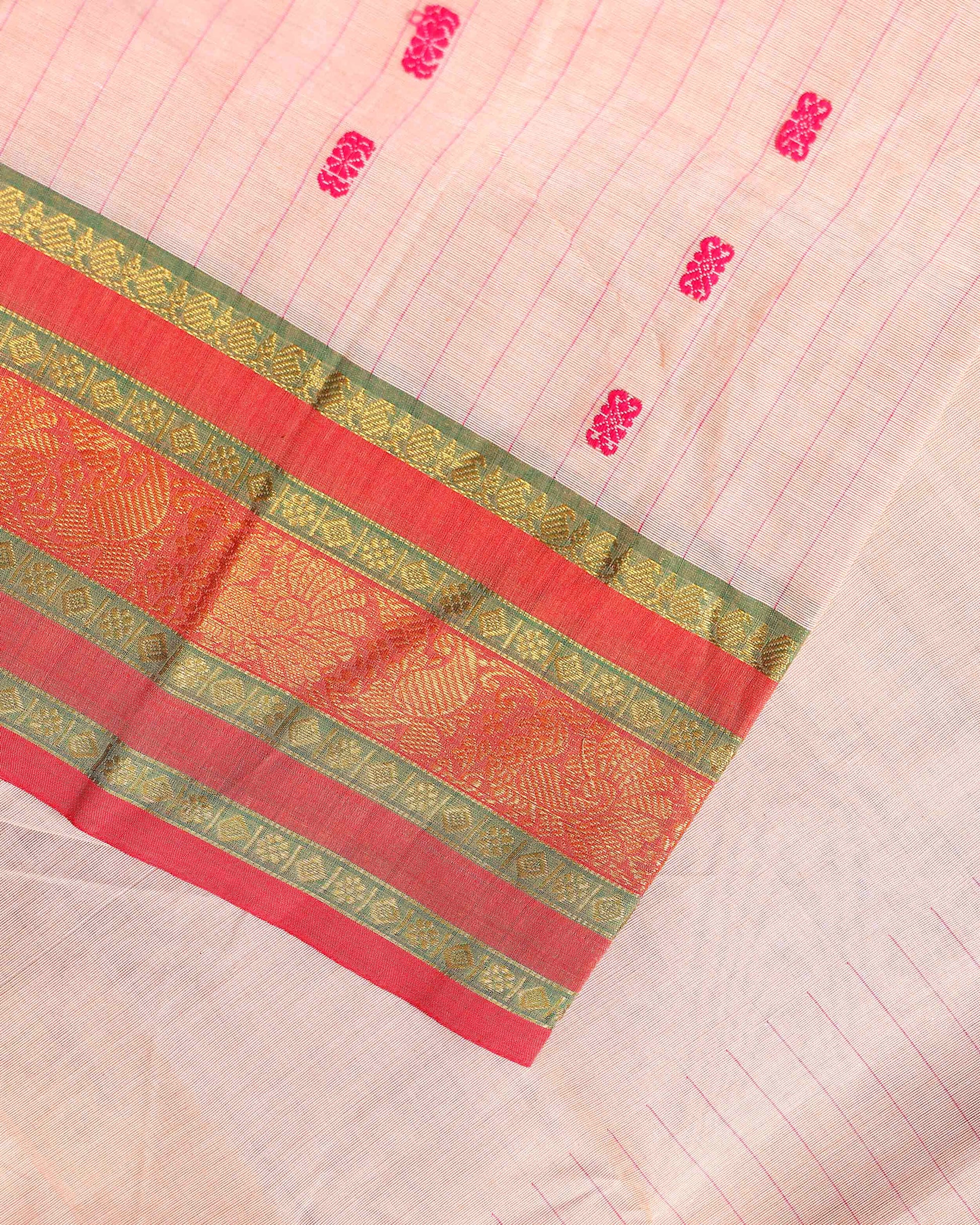 Elegant Chettinad Cotton Saree with Contrast Border and Grid Pattern - Sandal