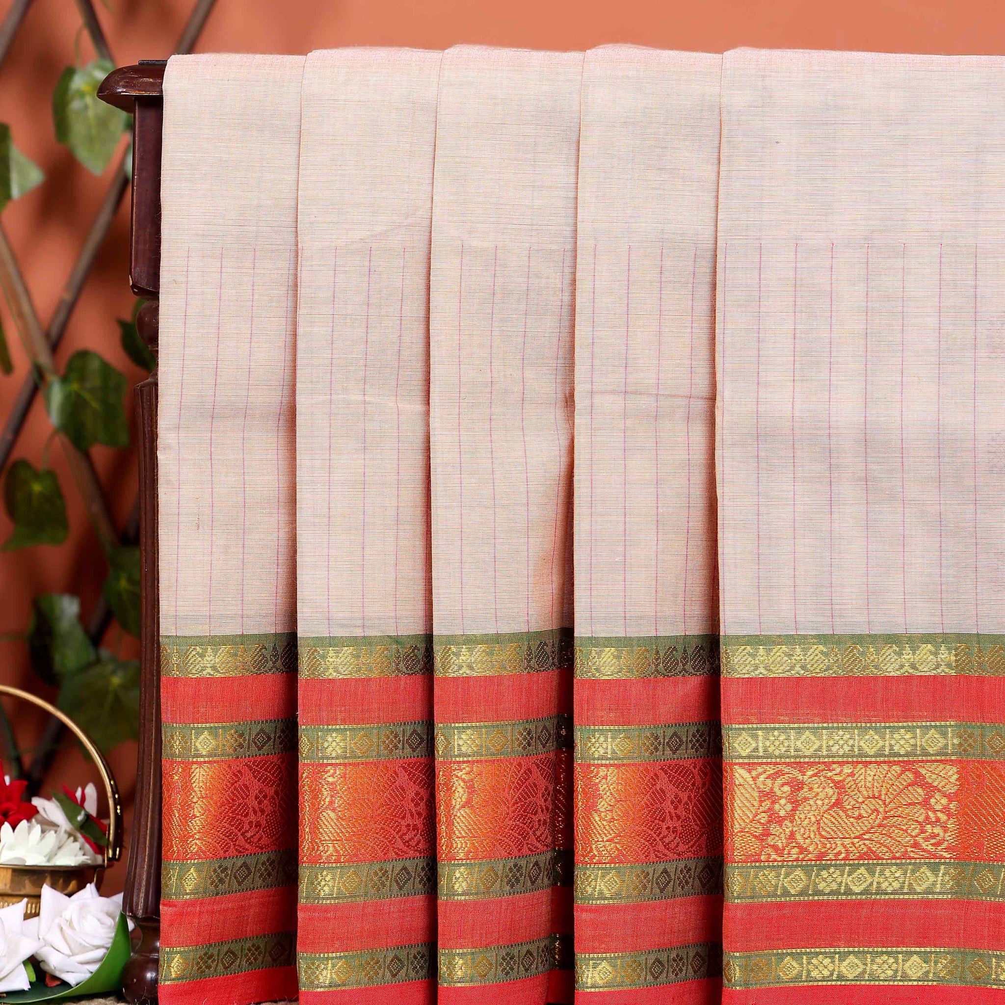 Elegant Chettinad Cotton Saree with Contrast Border and Grid Pattern - Sandal