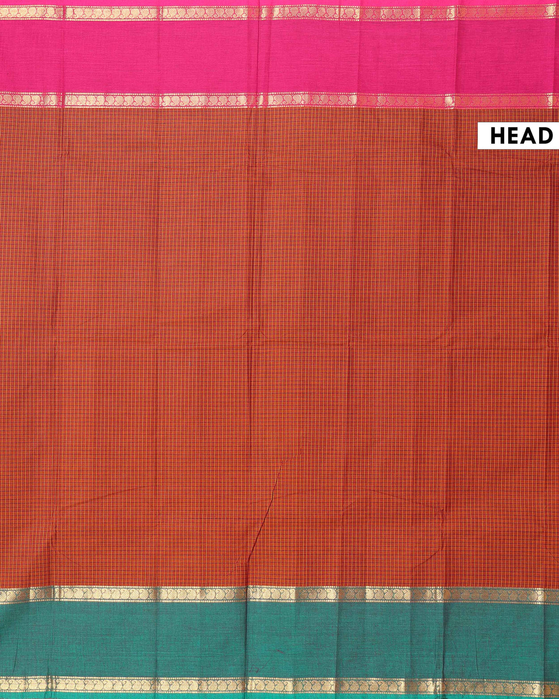 Elegant Chettinad Cotton Saree with Grid Pattern and Contrast Border - Brown