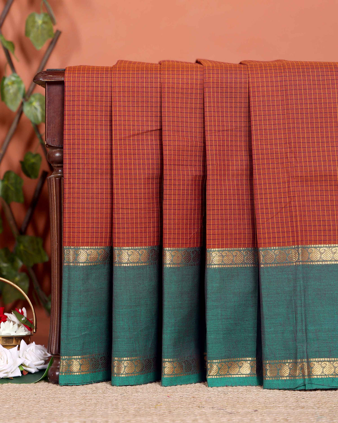 Elegant Chettinad Cotton Saree with Grid Pattern and Contrast Border - Brown