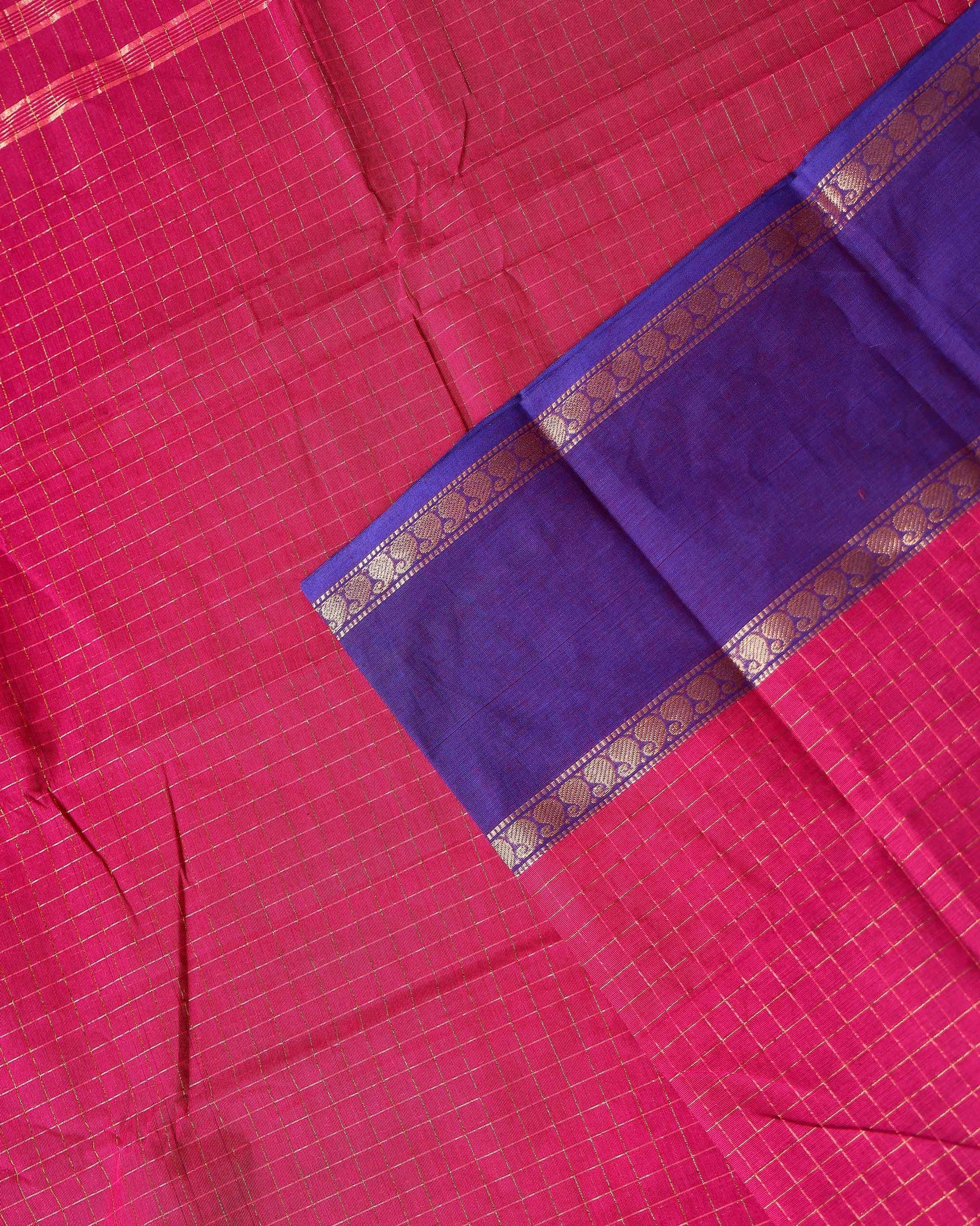 Elegant Chettinad Cotton Saree with Grid Pattern and Contrast Border - Dark Pink-Close
