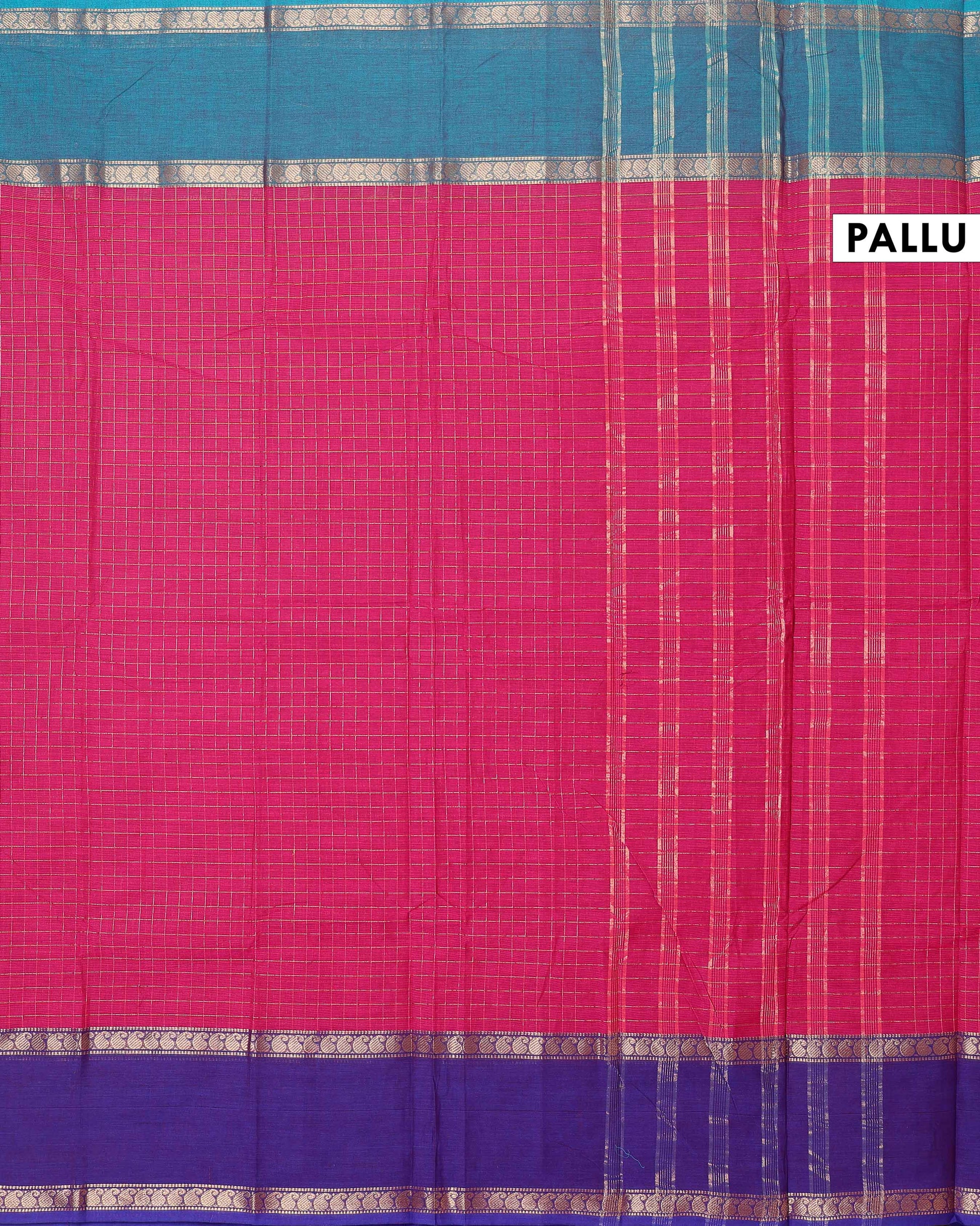 Elegant Chettinad Cotton Saree with Grid Pattern and Contrast Border - Dark Pink-Pallu