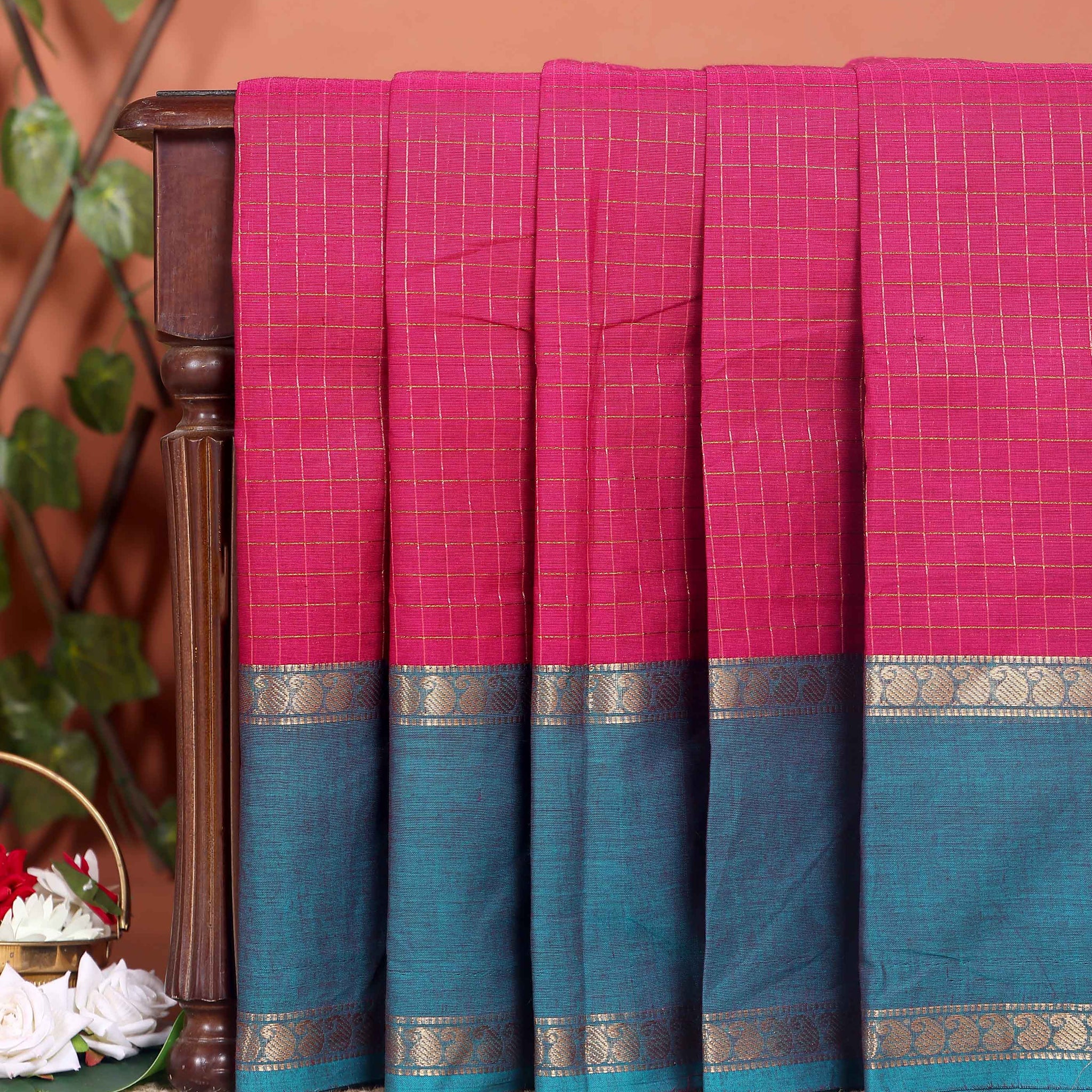 Elegant Chettinad Cotton Saree with Grid Pattern and Contrast Border - Dark Pink
