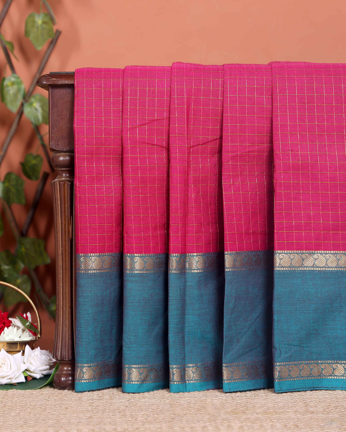 Elegant Chettinad Cotton Saree with Grid Pattern and Contrast Border - Dark Pink